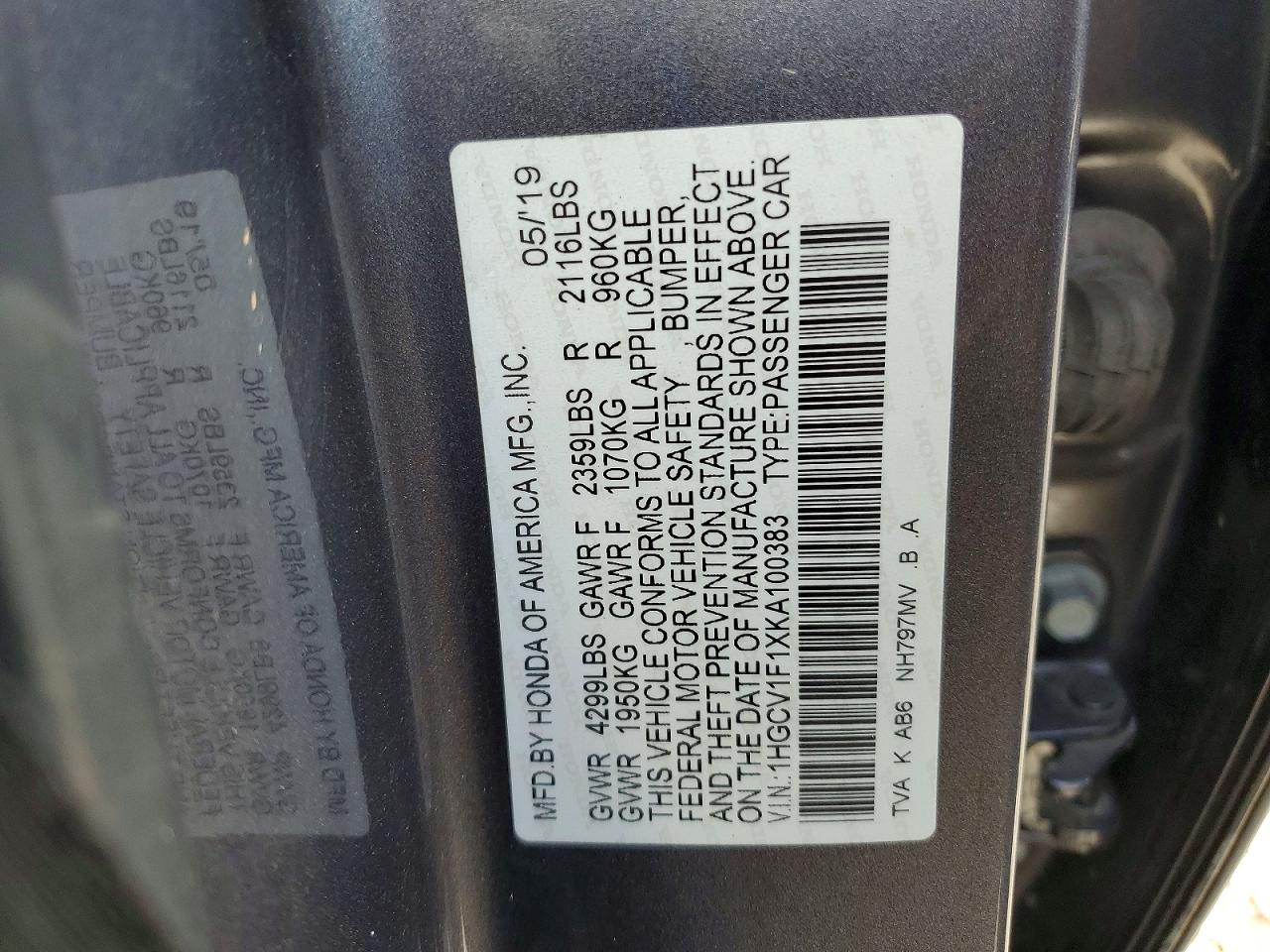 2019 Honda Accord Lx Gray vin: 1HGCV1F1XKA100383