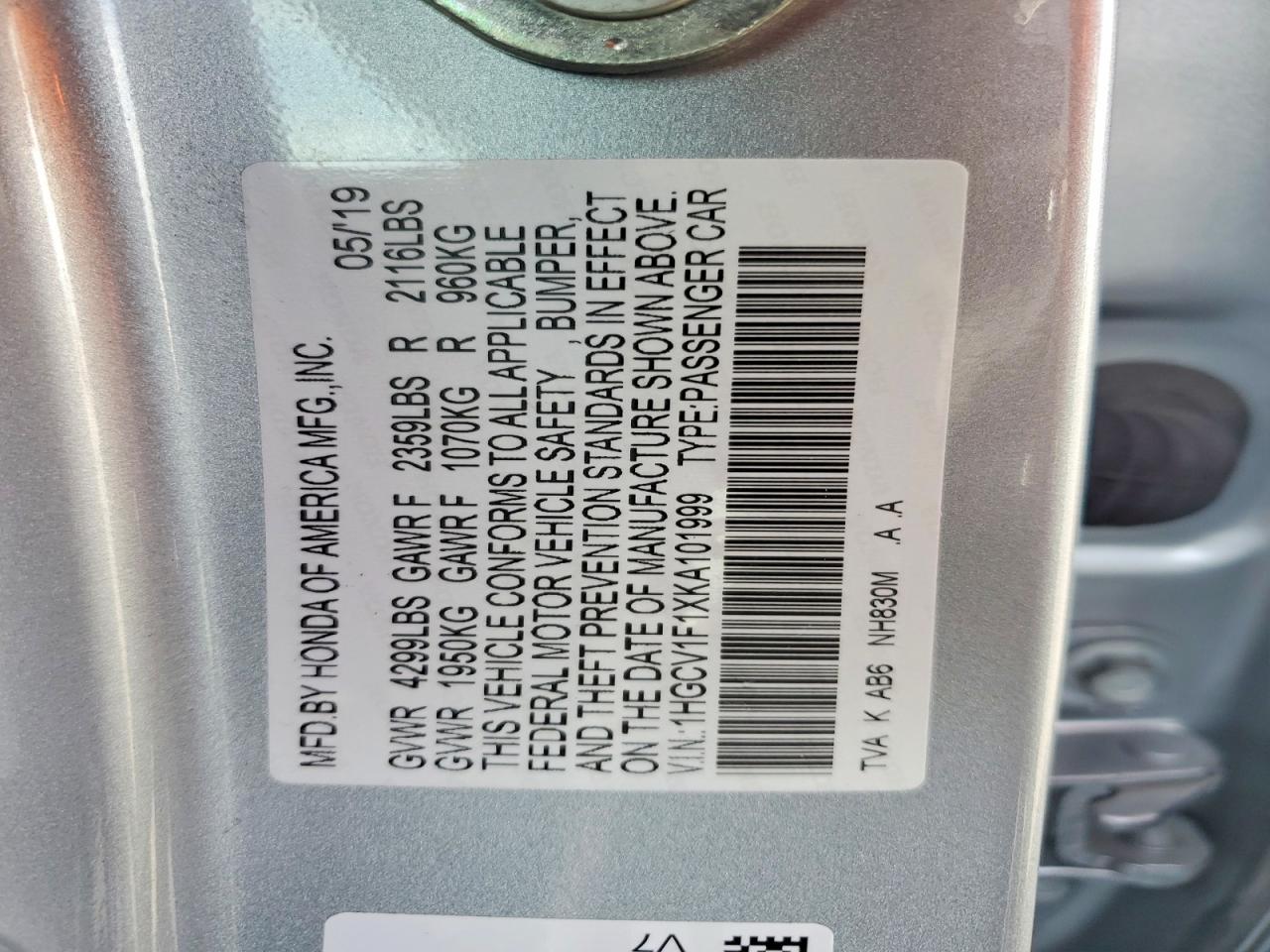 2019 Honda Accord Lx Silver vin: 1HGCV1F1XKA101999