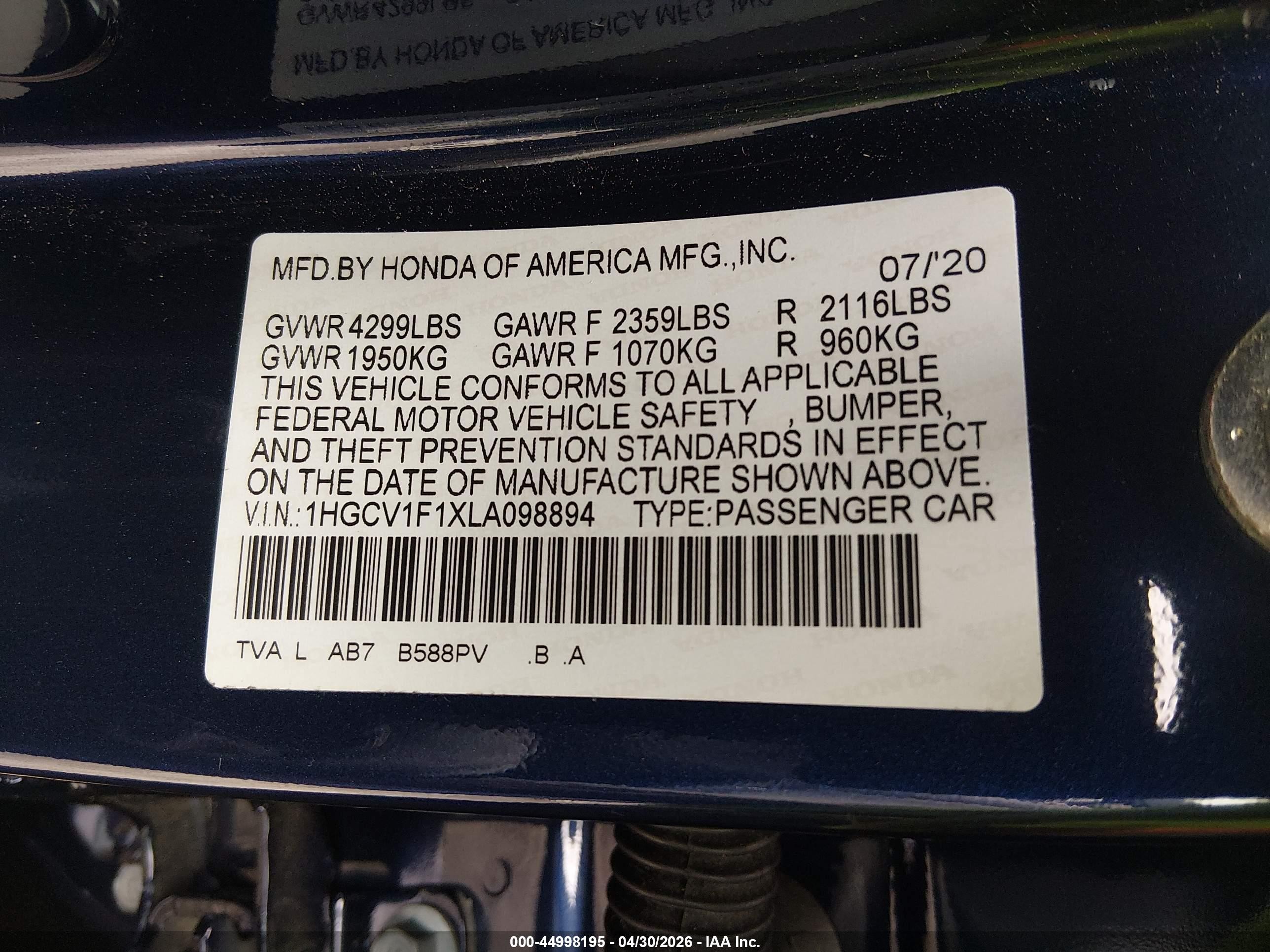 2020 Honda Accord Lx Dark Blue vin: 1HGCV1F1XLA098894