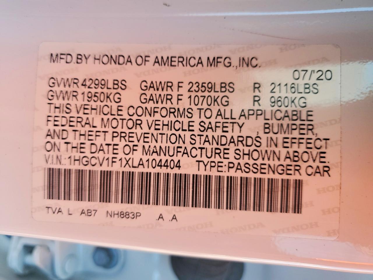 2020 Honda Accord Lx White vin: 1HGCV1F1XLA104404