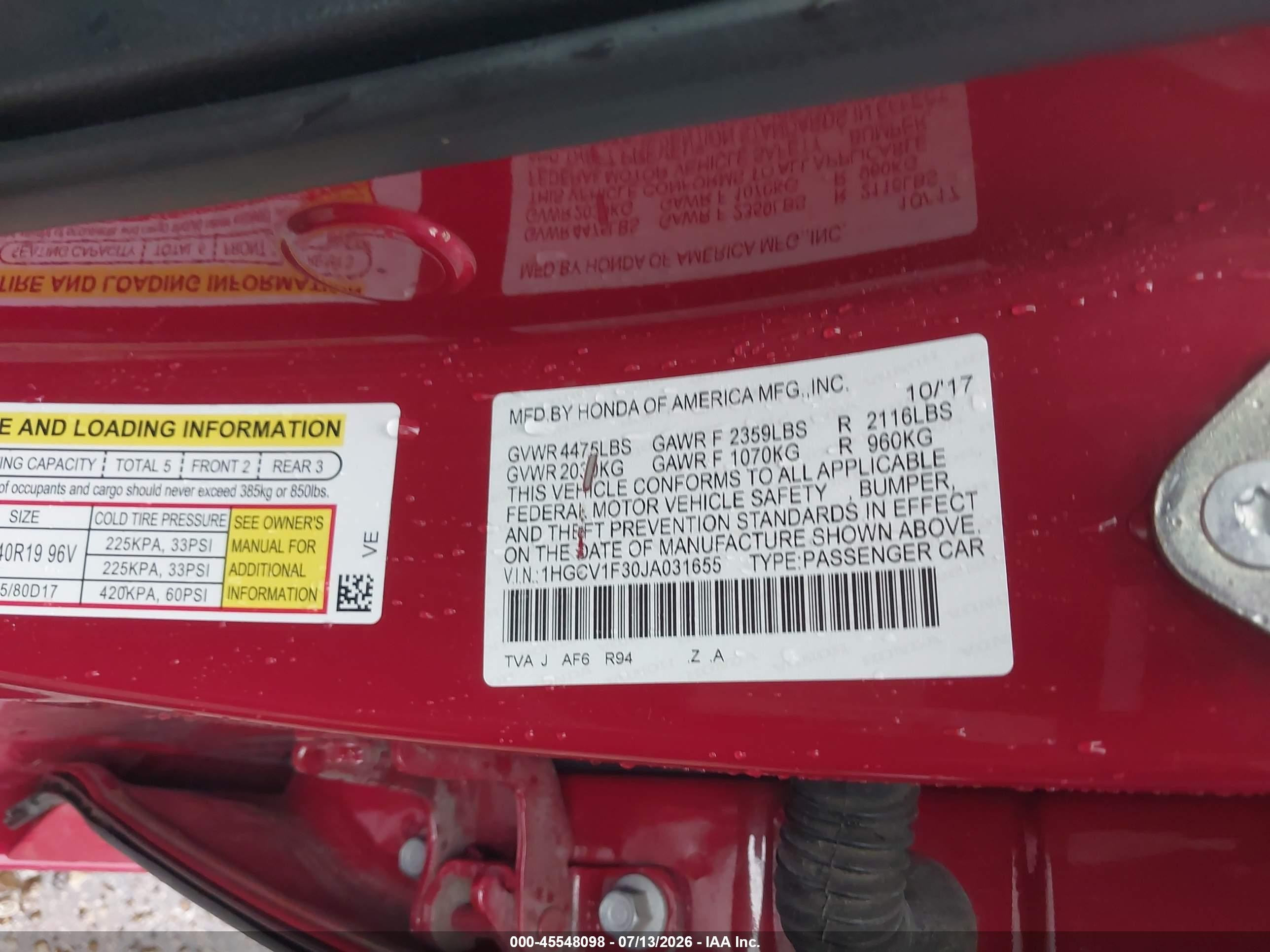 2018 Honda Accord Sport Red vin: 1HGCV1F30JA031655