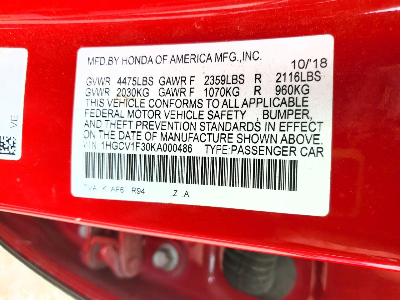 2019 Honda Accord Sport Red vin: 1HGCV1F30KA000486