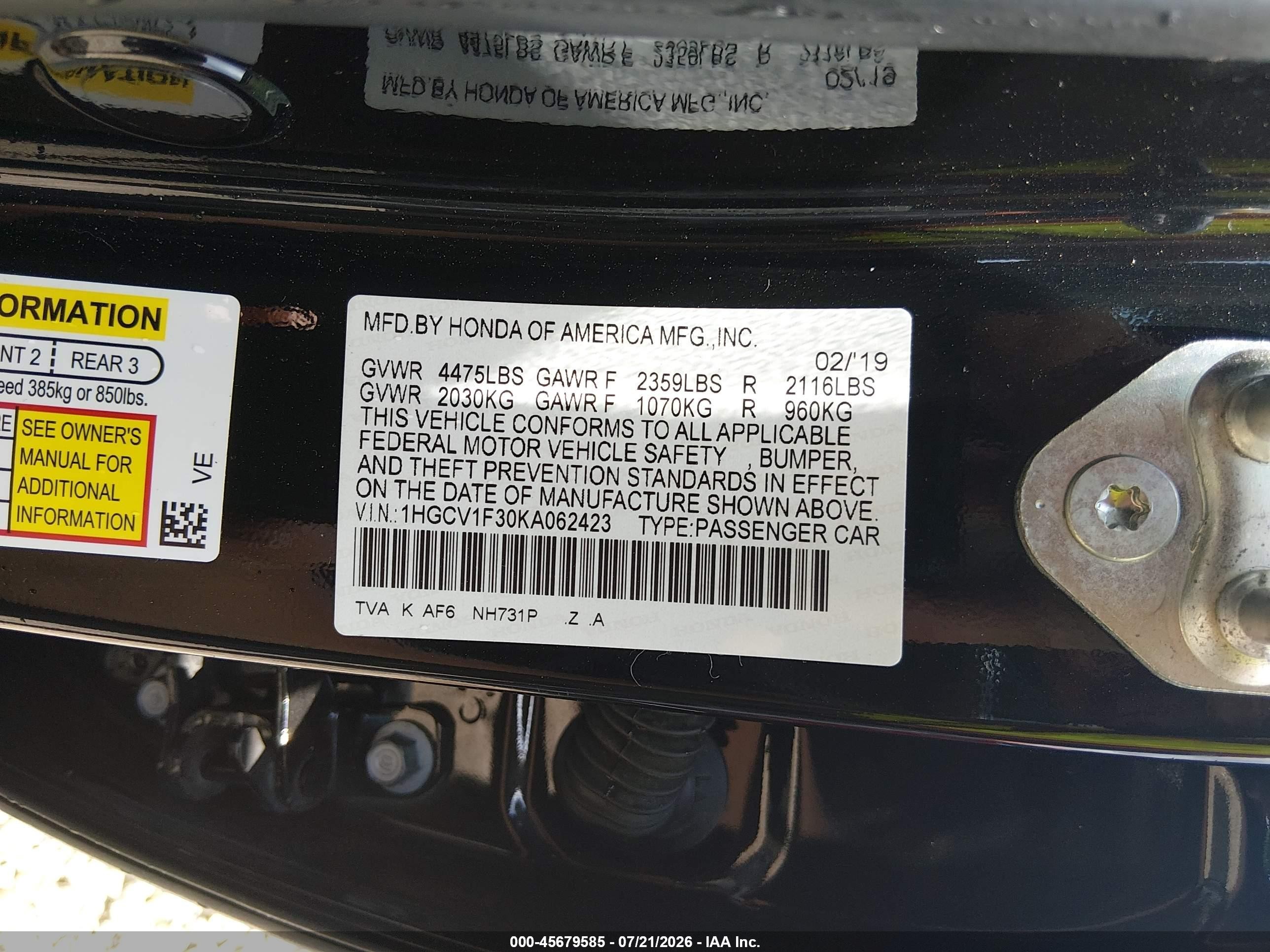 2019 Honda Accord Sport Black vin: 1HGCV1F30KA062423