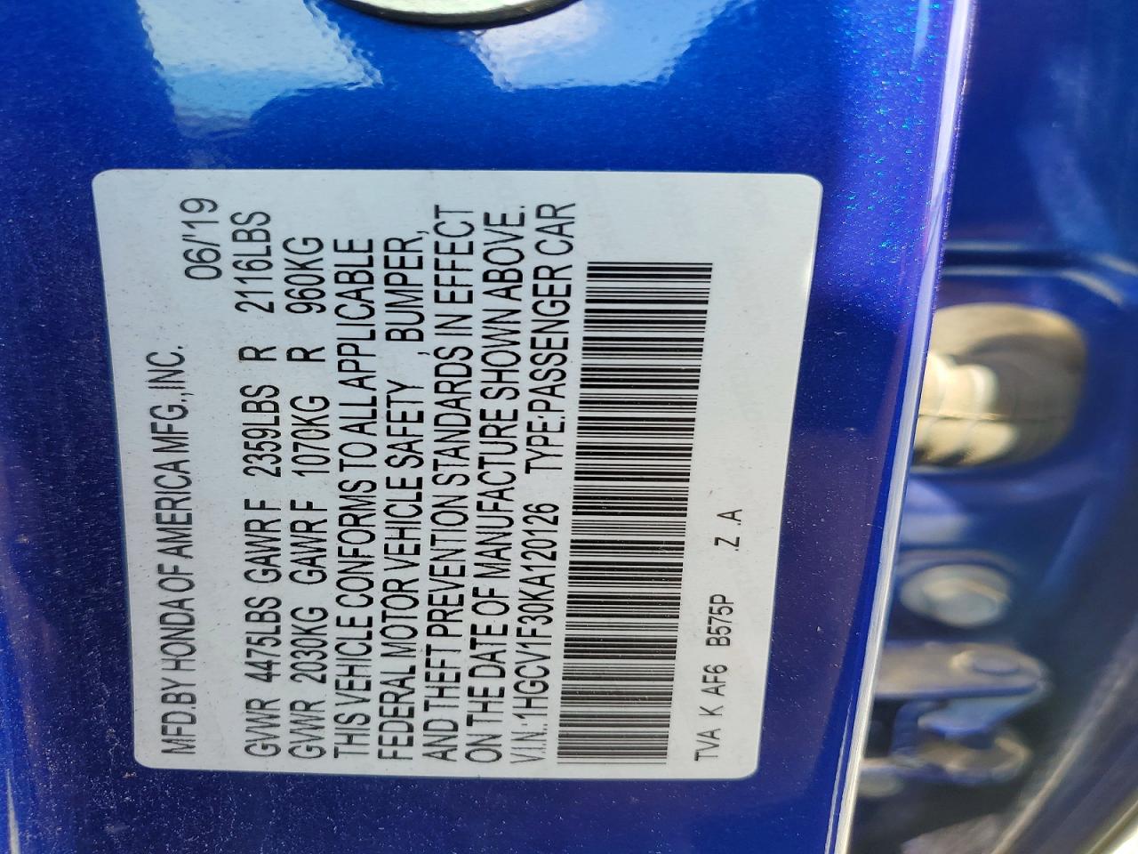 2019 Honda Accord Sport Blue vin: 1HGCV1F30KA120126