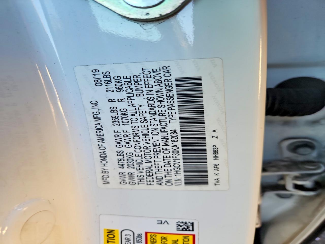 2019 Honda Accord Sport White vin: 1HGCV1F30KA162084