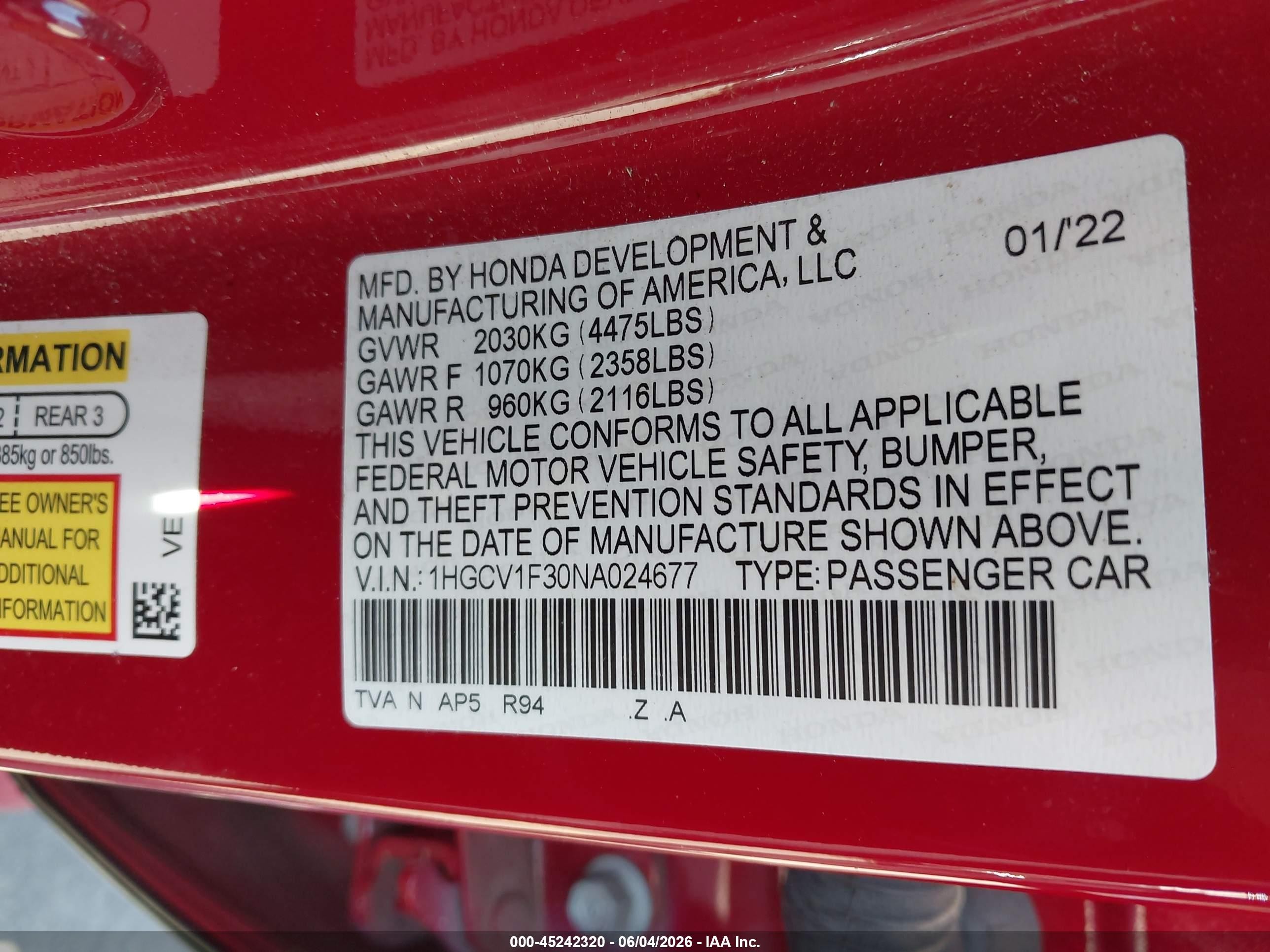 2022 Honda Accord Sport Red vin: 1HGCV1F30NA024677