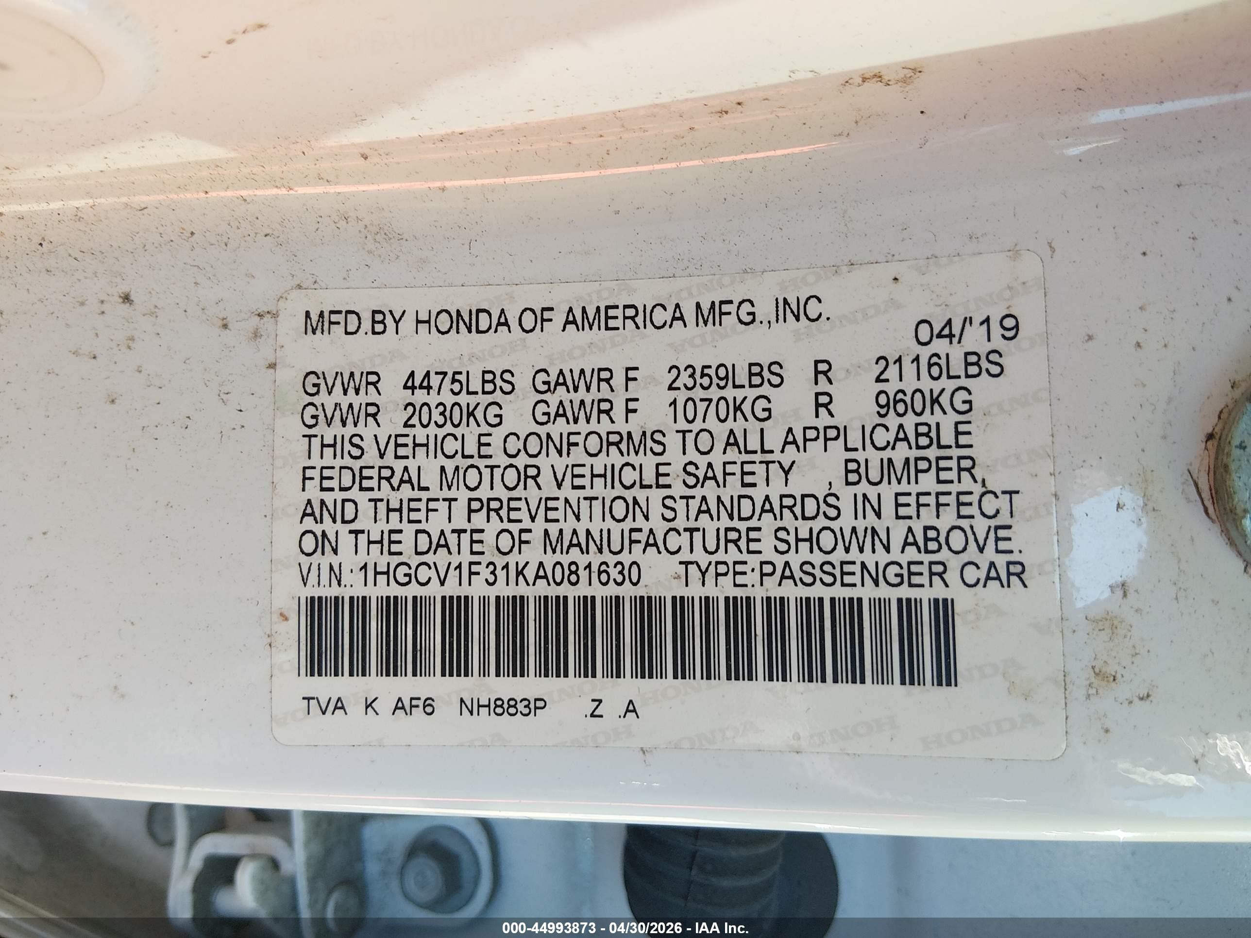 2019 Honda Accord Sport White vin: 1HGCV1F31KA081630