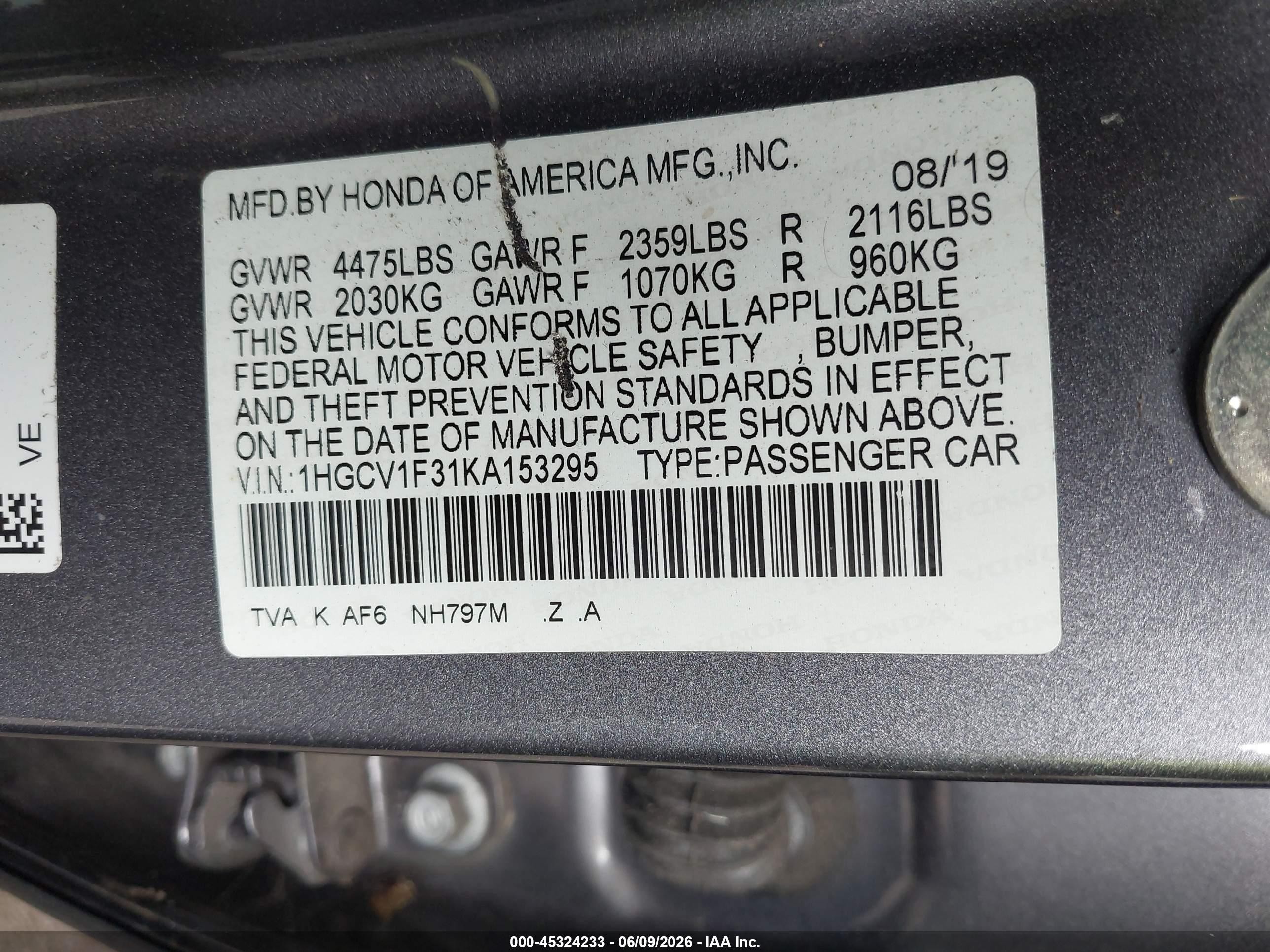 2019 Honda Accord Sport Серый vin: 1HGCV1F31KA153295
