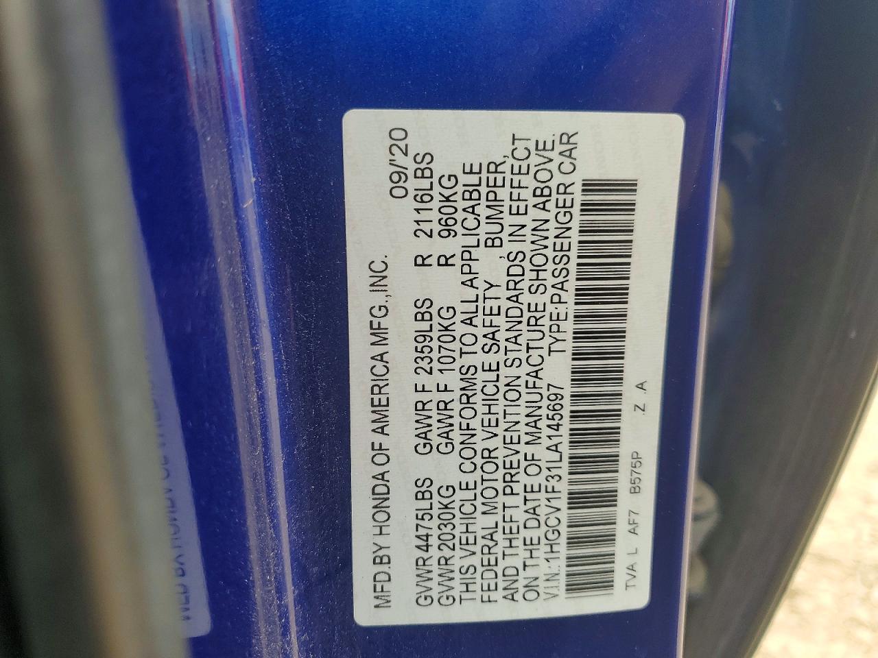 2020 Honda Accord Sport Blue vin: 1HGCV1F31LA145697