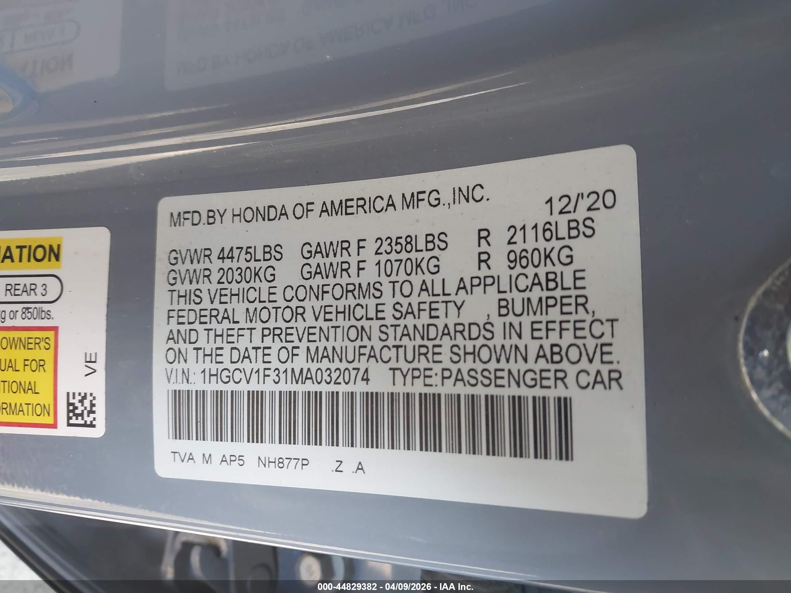 2021 Honda Accord Sport Gray vin: 1HGCV1F31MA032074
