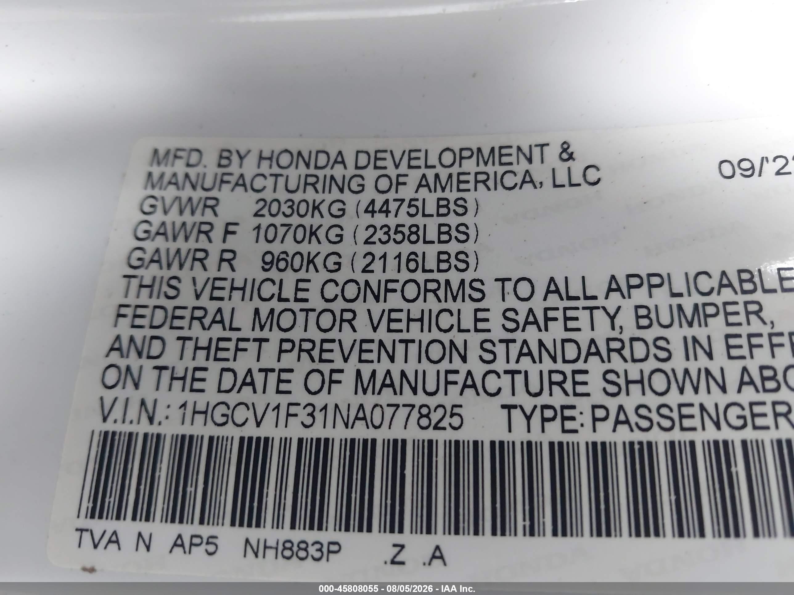 2022 Honda Accord Sport White vin: 1HGCV1F31NA077825
