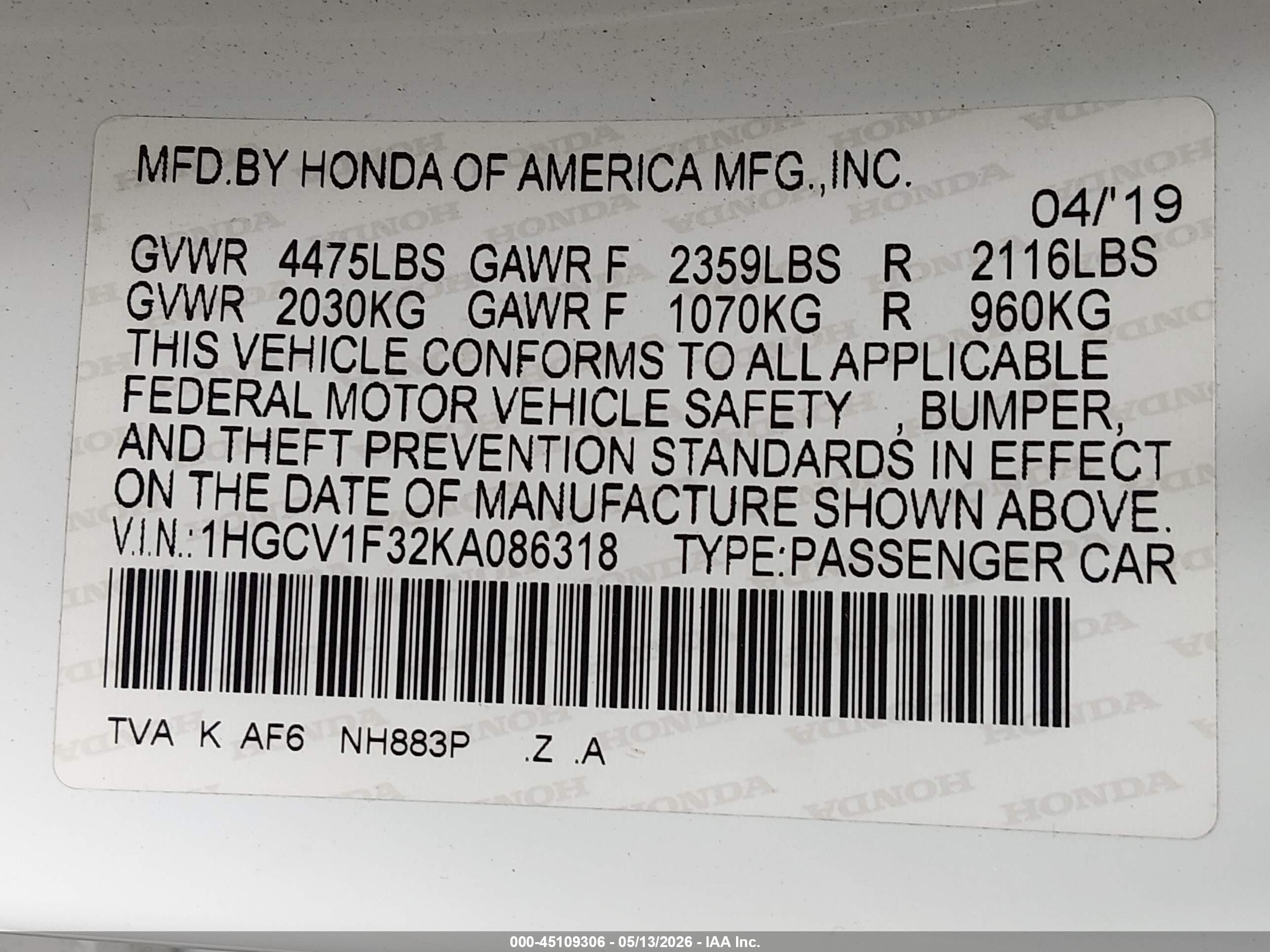 2019 Honda Accord Sport White vin: 1HGCV1F32KA086318