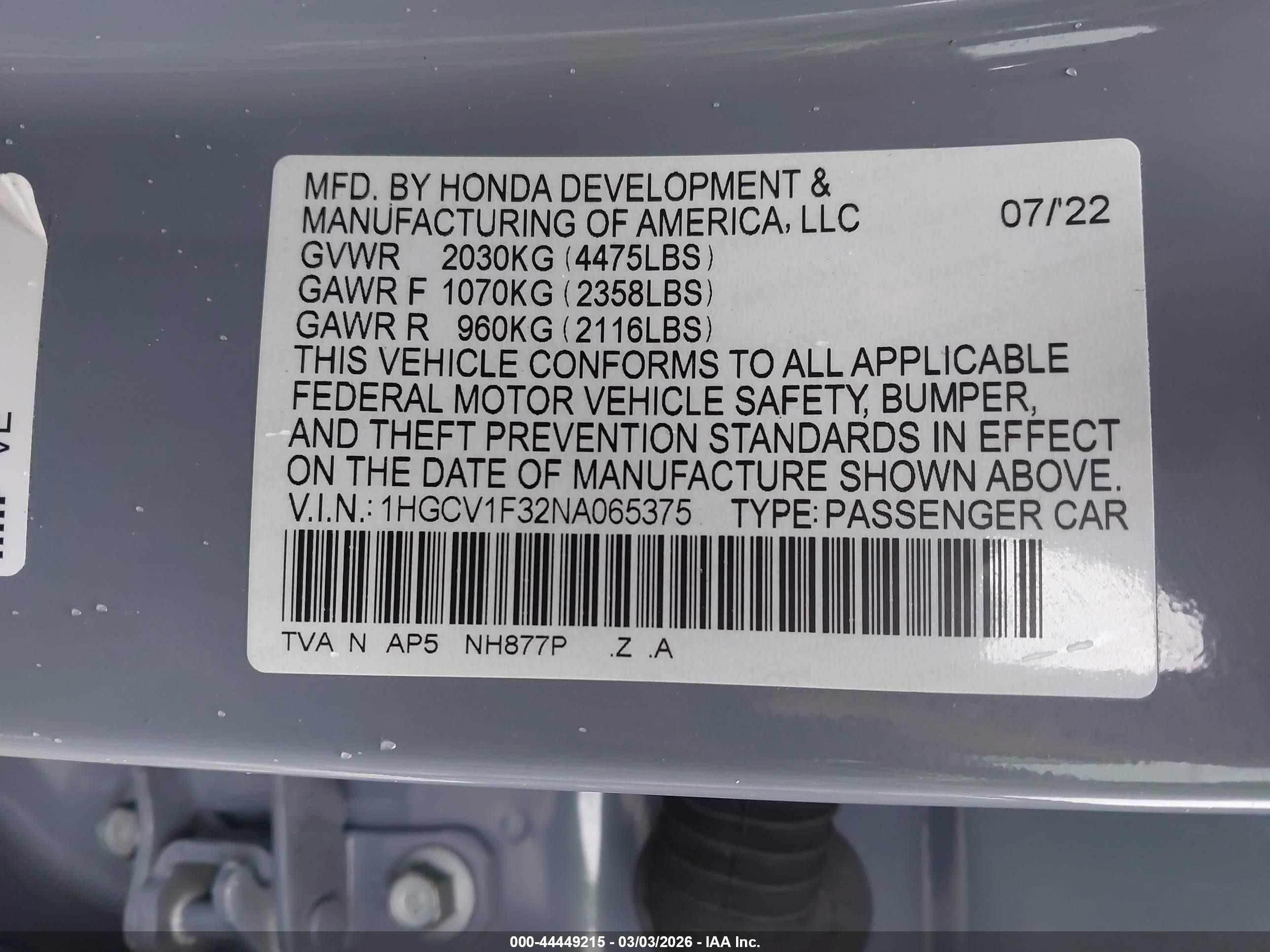 2022 Honda Accord Sport Blue vin: 1HGCV1F32NA065375