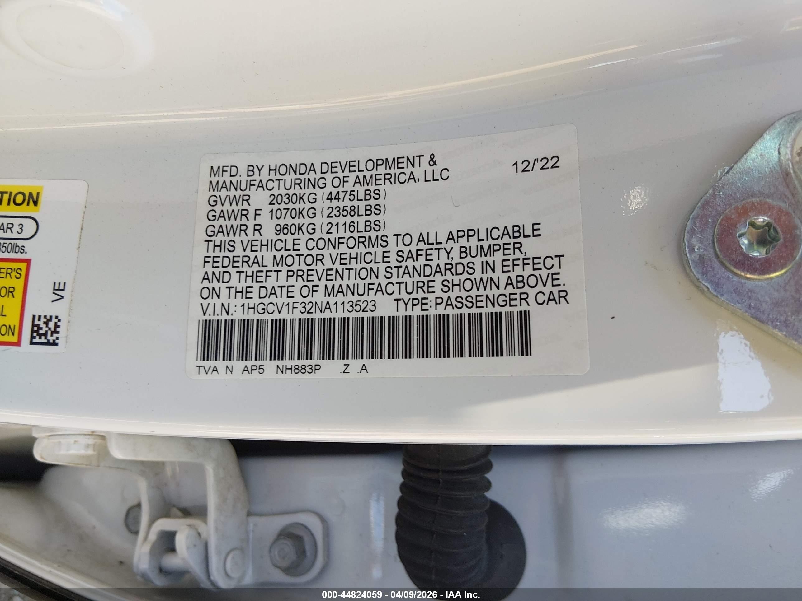 2022 Honda Accord Sport White vin: 1HGCV1F32NA113523