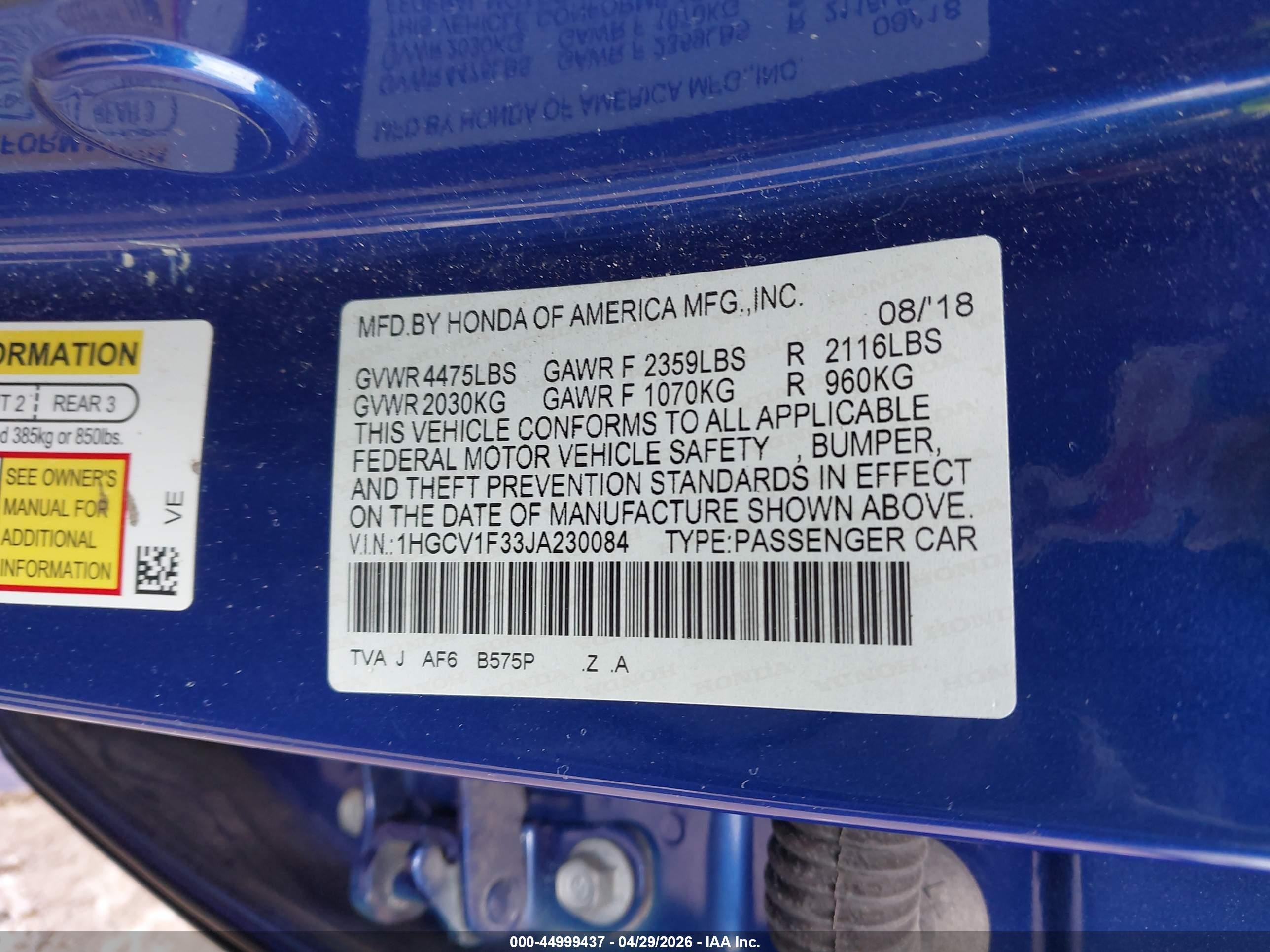 2018 Honda Accord Sport Синий vin: 1HGCV1F33JA230084