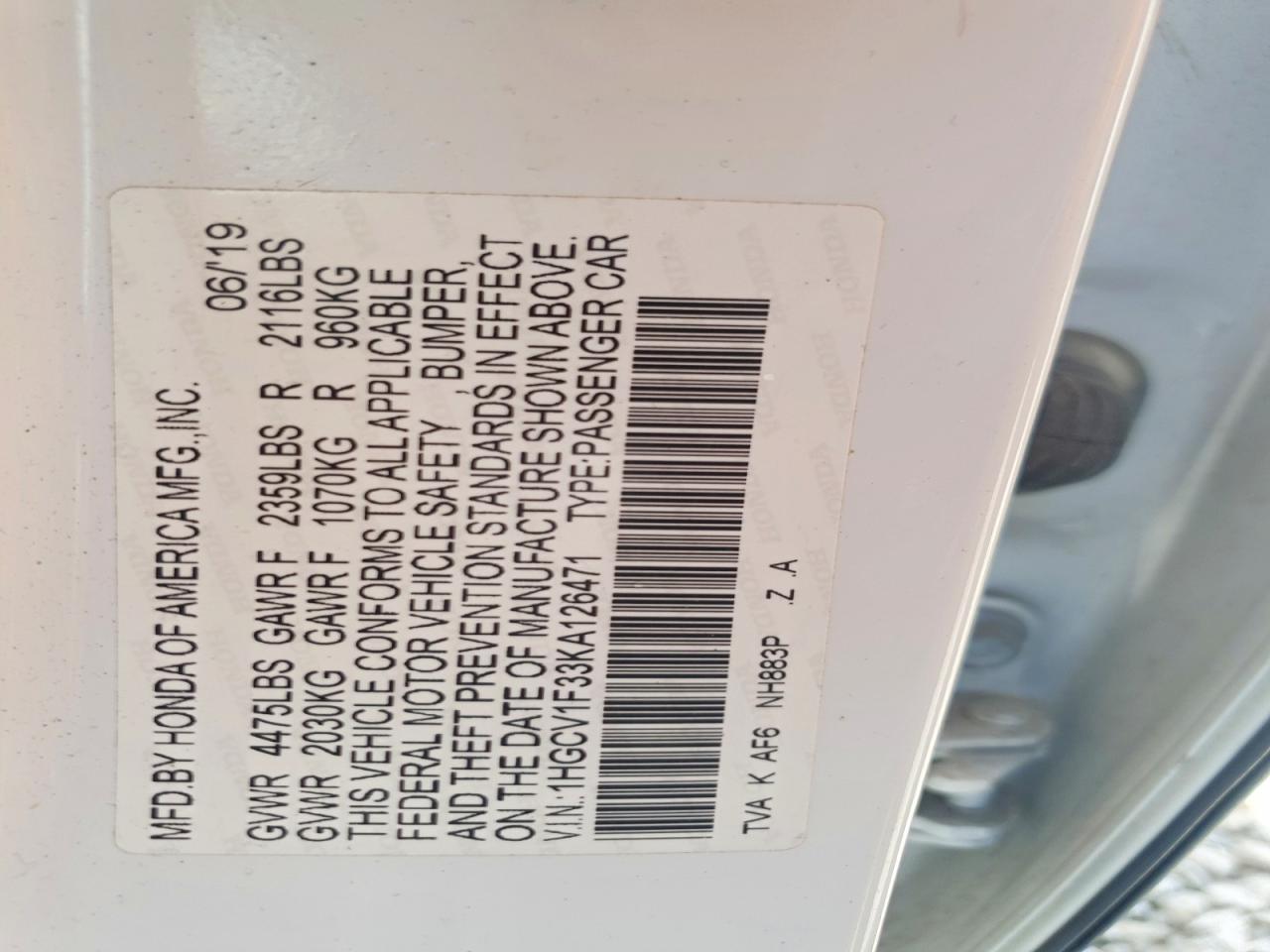 2019 Honda Accord Sport White vin: 1HGCV1F33KA126471