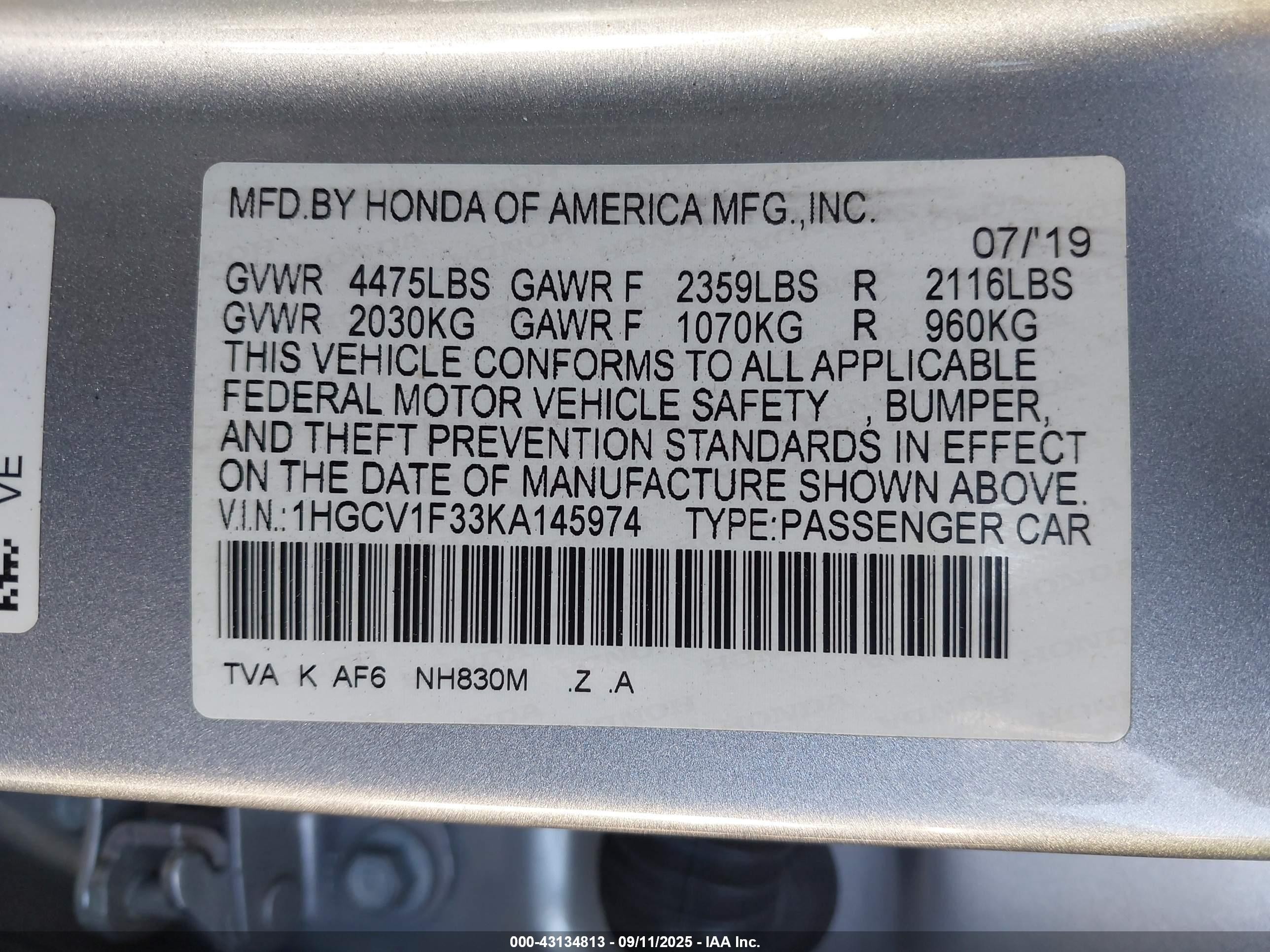 2019 Honda Accord Sport Серый vin: 1HGCV1F33KA145974