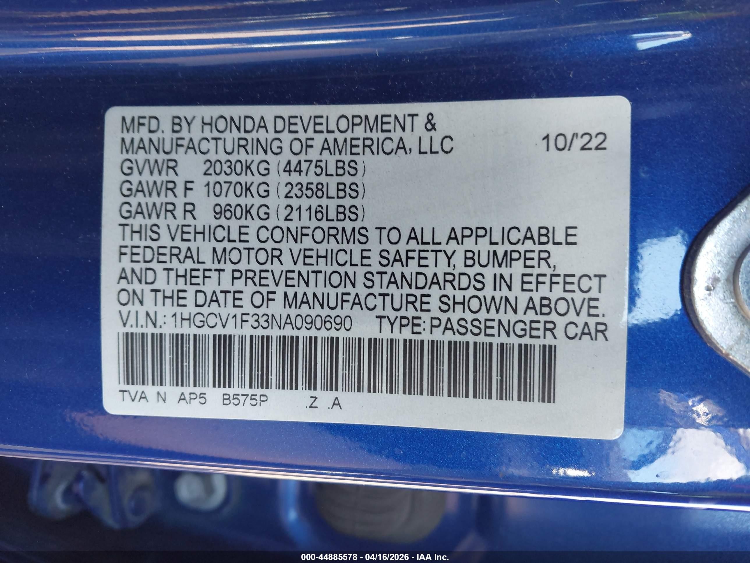 2022 Honda Accord Sport Blue vin: 1HGCV1F33NA090690