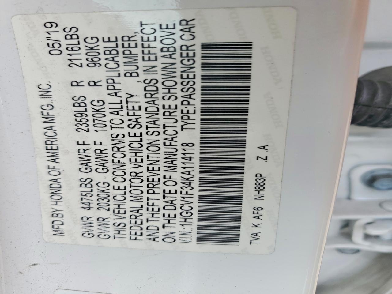 2019 Honda Accord Sport White vin: 1HGCV1F34KA114118