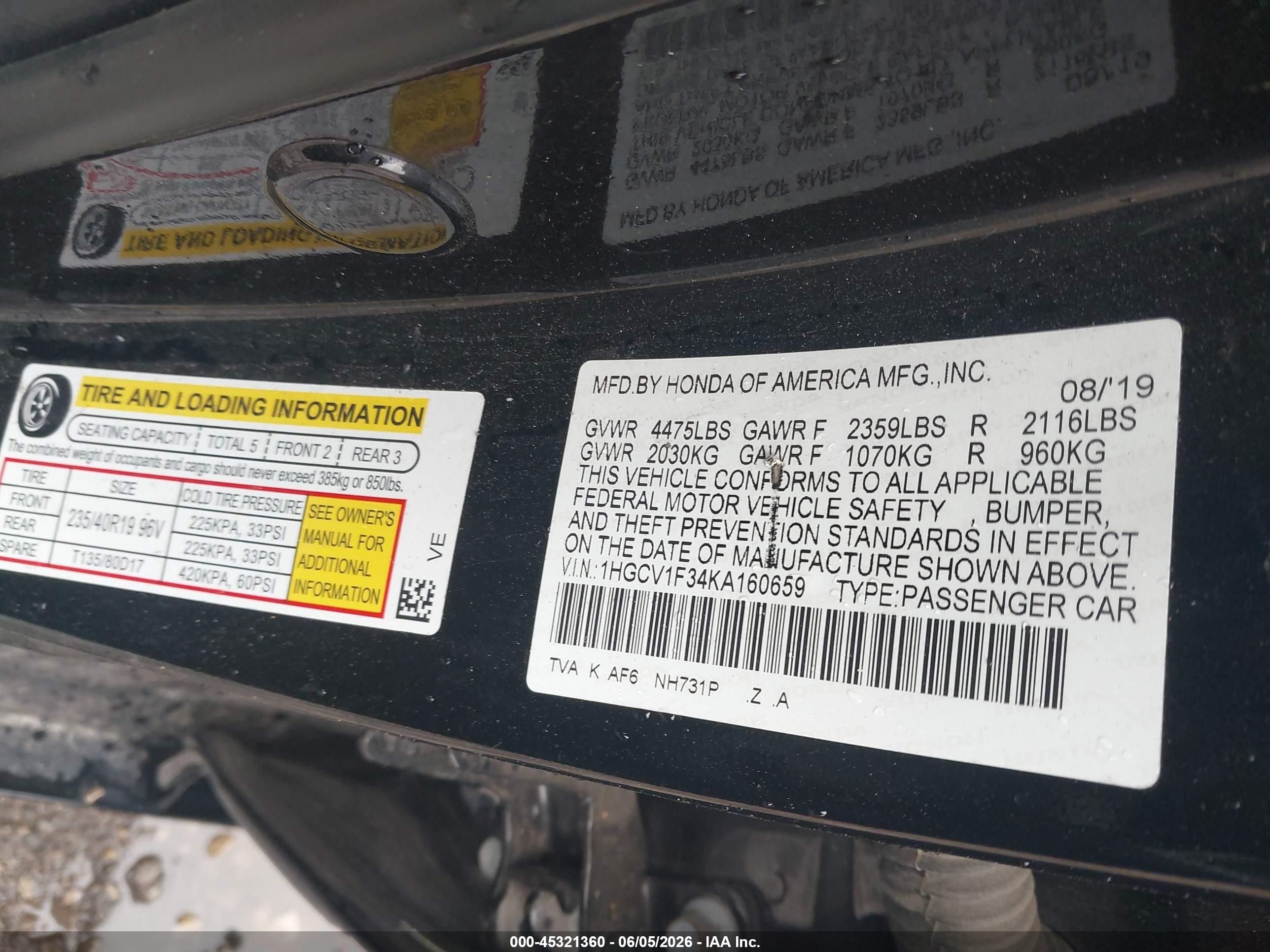 2019 Honda Accord Sport Black vin: 1HGCV1F34KA160659