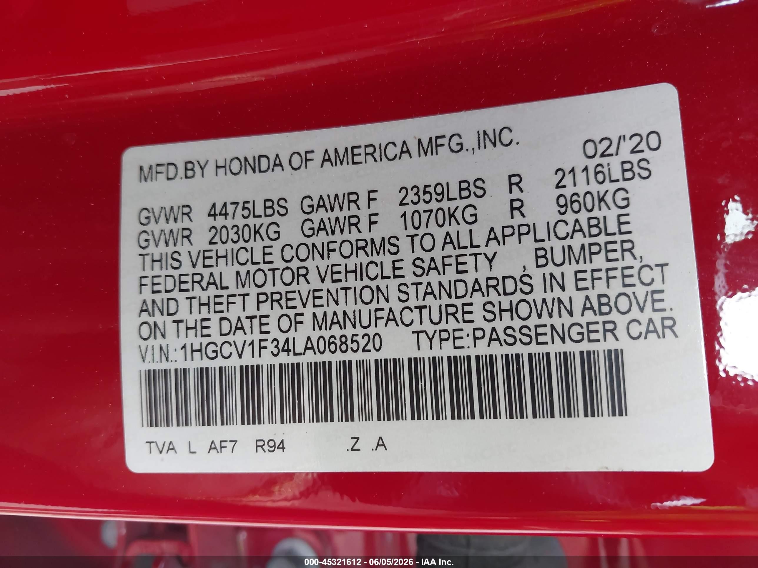2020 Honda Accord Sport Red vin: 1HGCV1F34LA068520