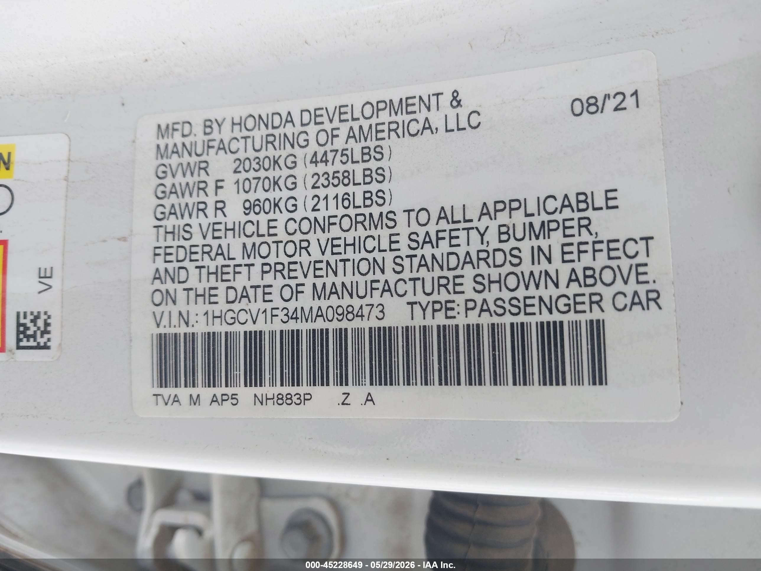 2021 Honda Accord Sport White vin: 1HGCV1F34MA098473