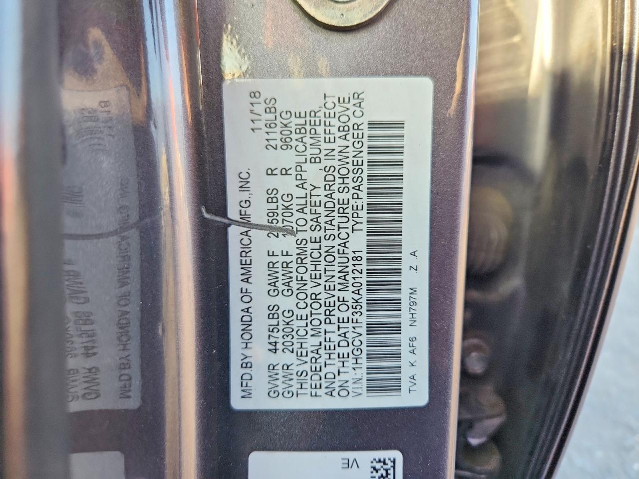 2019 Honda Accord Sport Gray vin: 1HGCV1F35KA012181