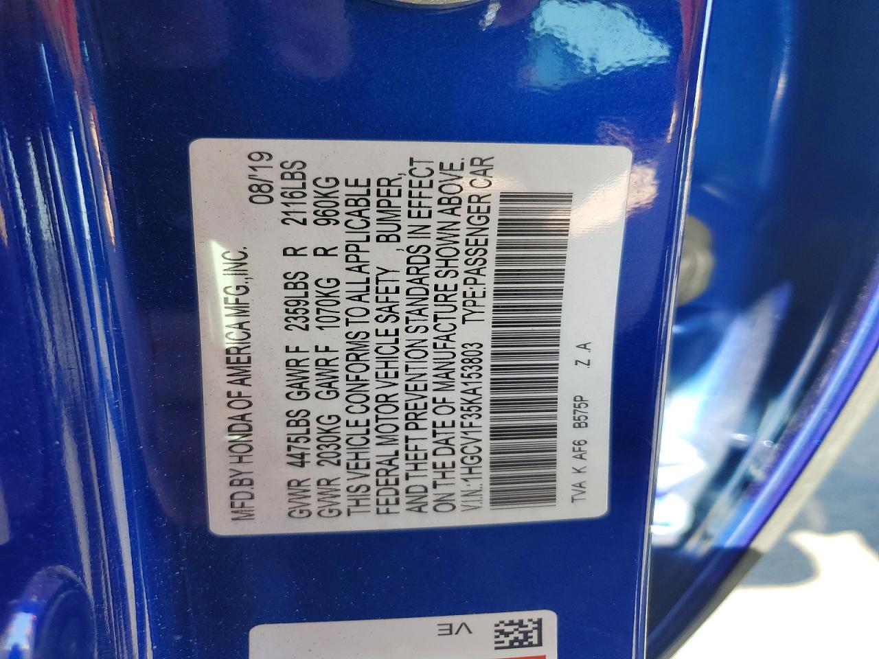 2019 Honda Accord Sport Blue vin: 1HGCV1F35KA153803