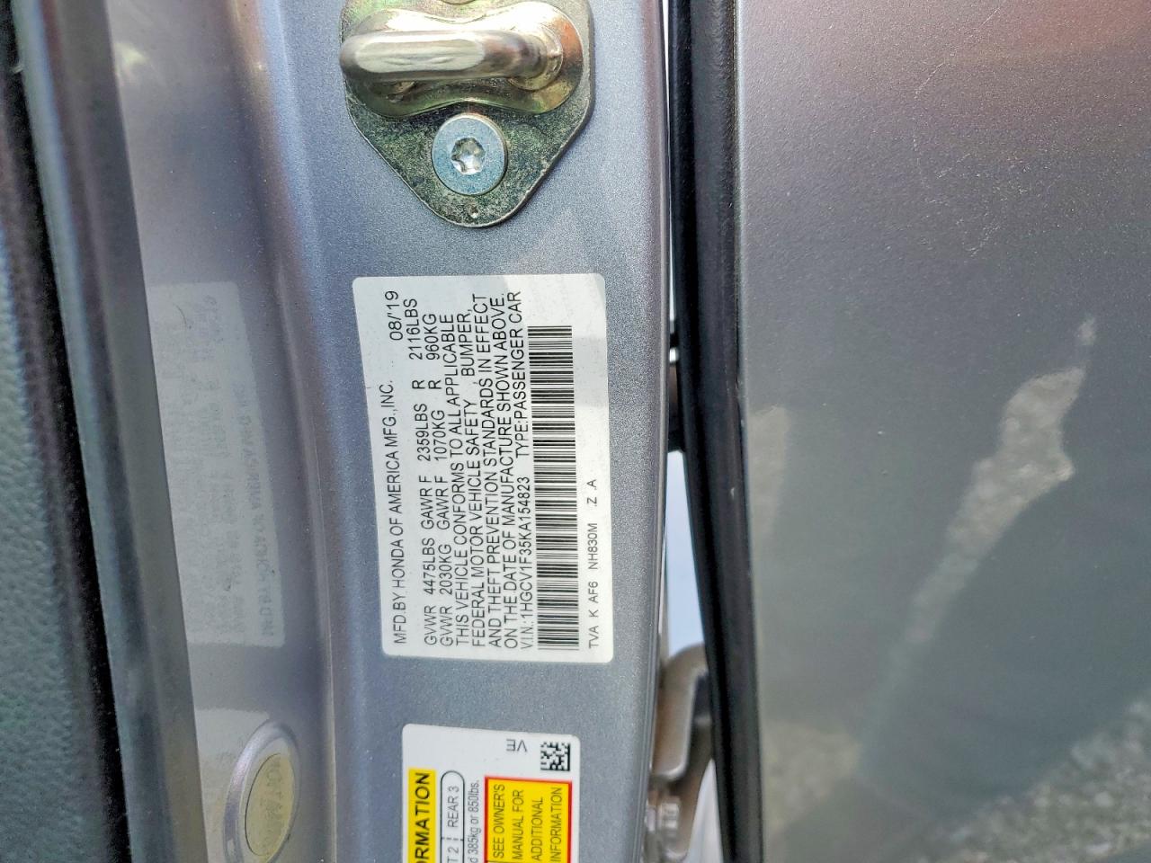 2019 Honda Accord Sport Silver vin: 1HGCV1F35KA154823