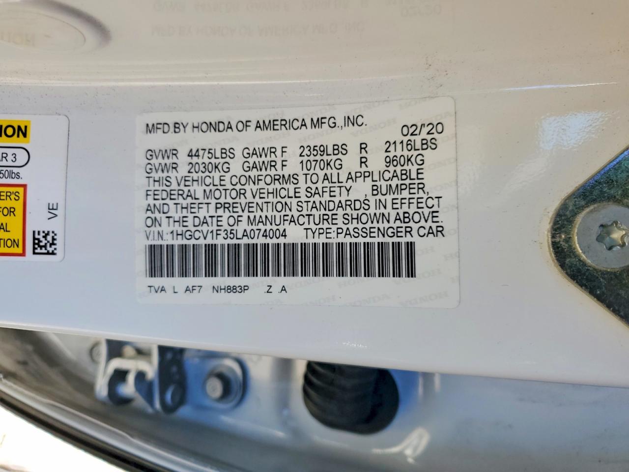 2020 Honda Accord Sport White vin: 1HGCV1F35LA074004