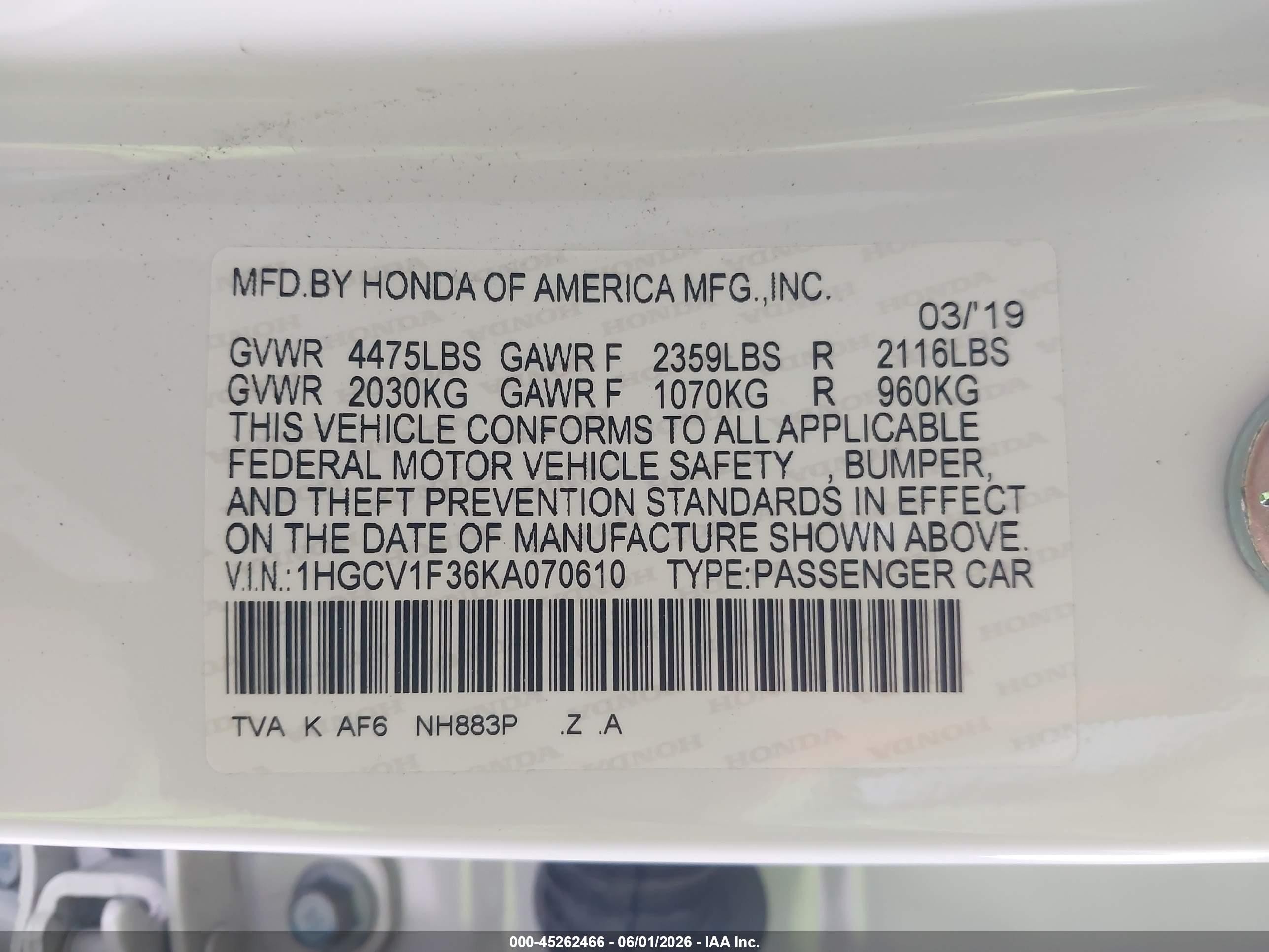 2019 Honda Accord Sport White vin: 1HGCV1F36KA070610