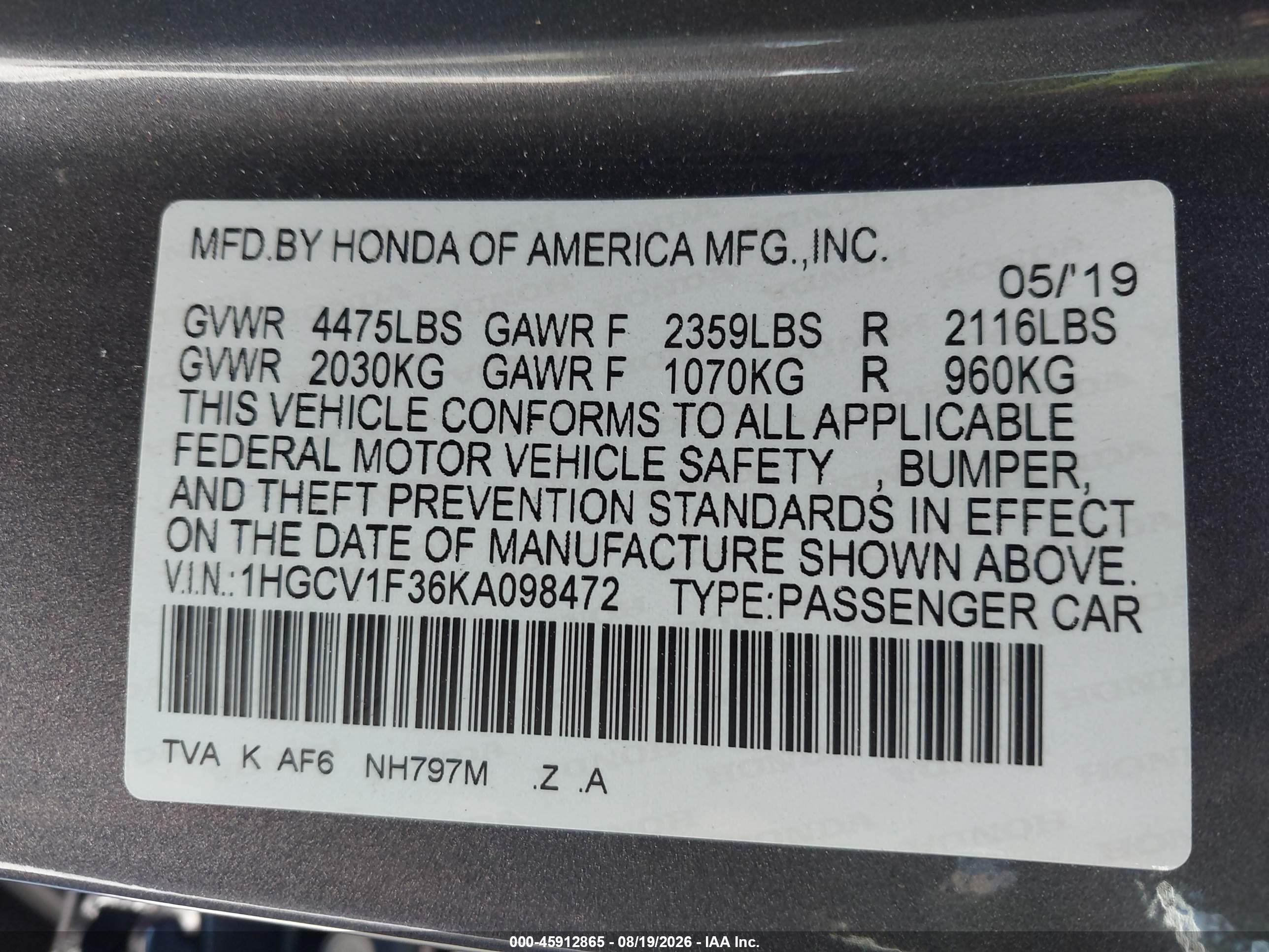 2019 Honda Accord Sport Gray vin: 1HGCV1F36KA098472