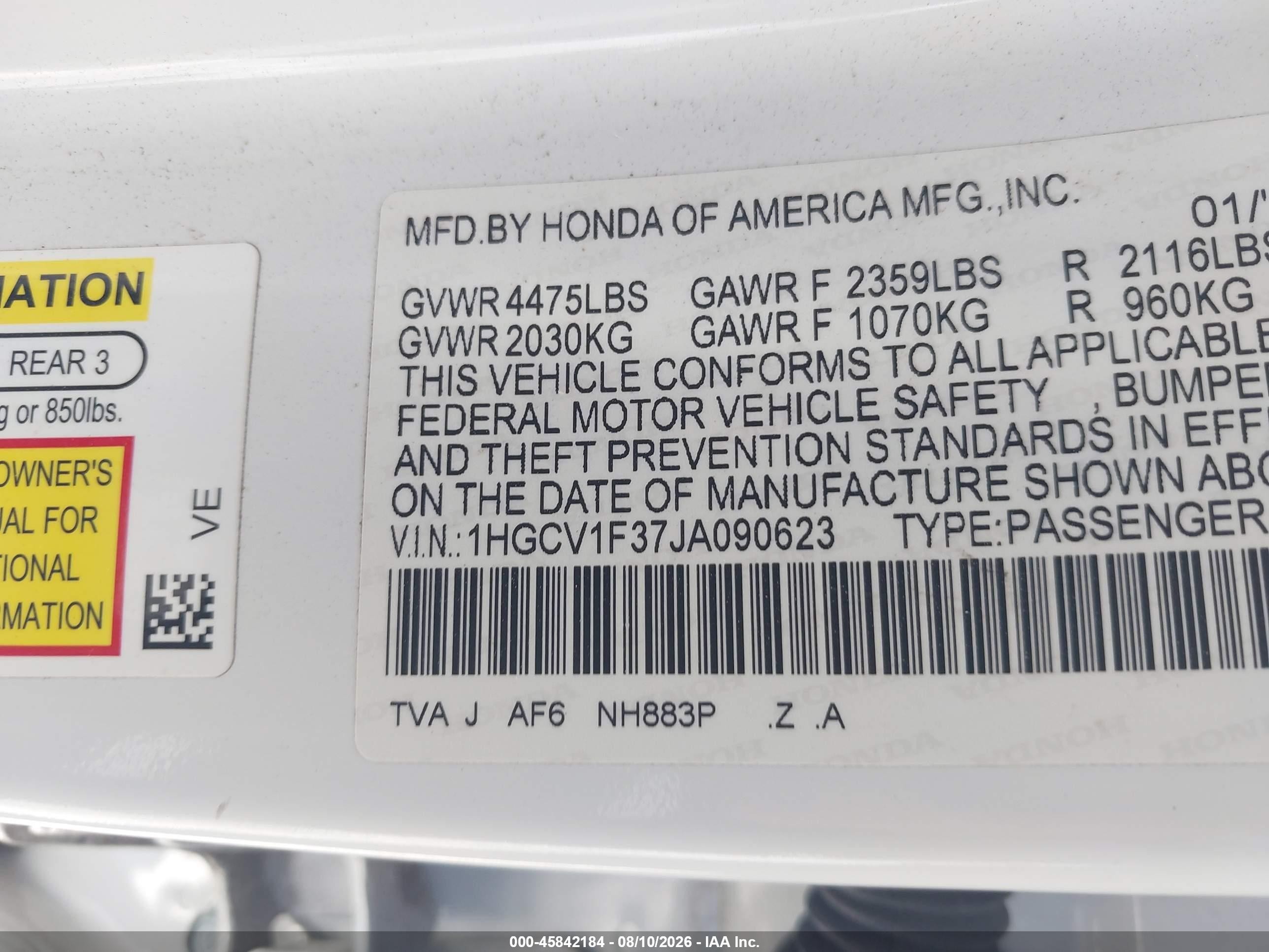 2018 Honda Accord Sport White vin: 1HGCV1F37JA090623