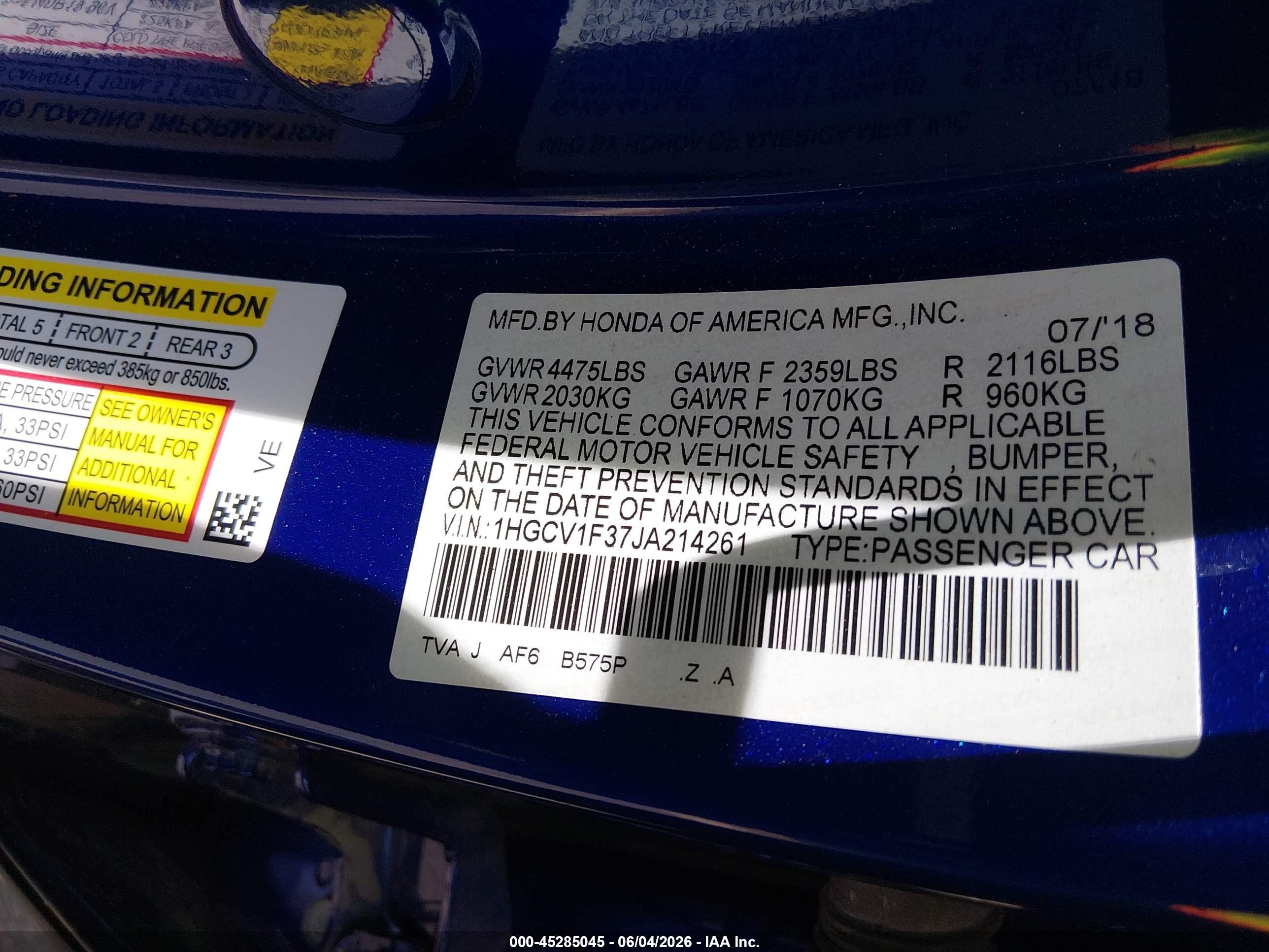 2018 Honda Accord Sport Blue vin: 1HGCV1F37JA214261