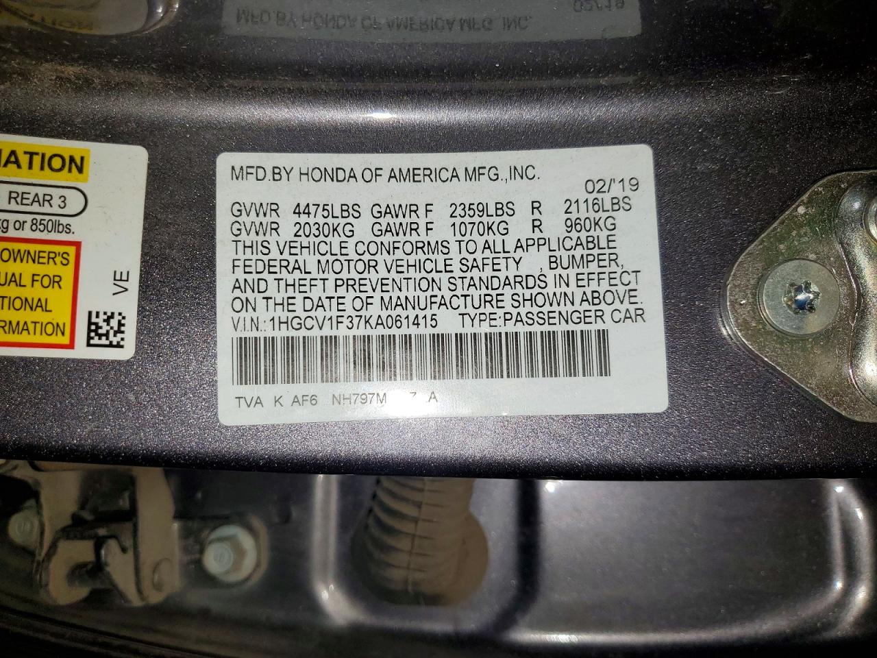 2019 Honda Accord Sport Gray vin: 1HGCV1F37KA061415