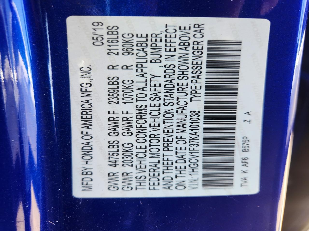 2019 Honda Accord Sport Blue vin: 1HGCV1F37KA101038