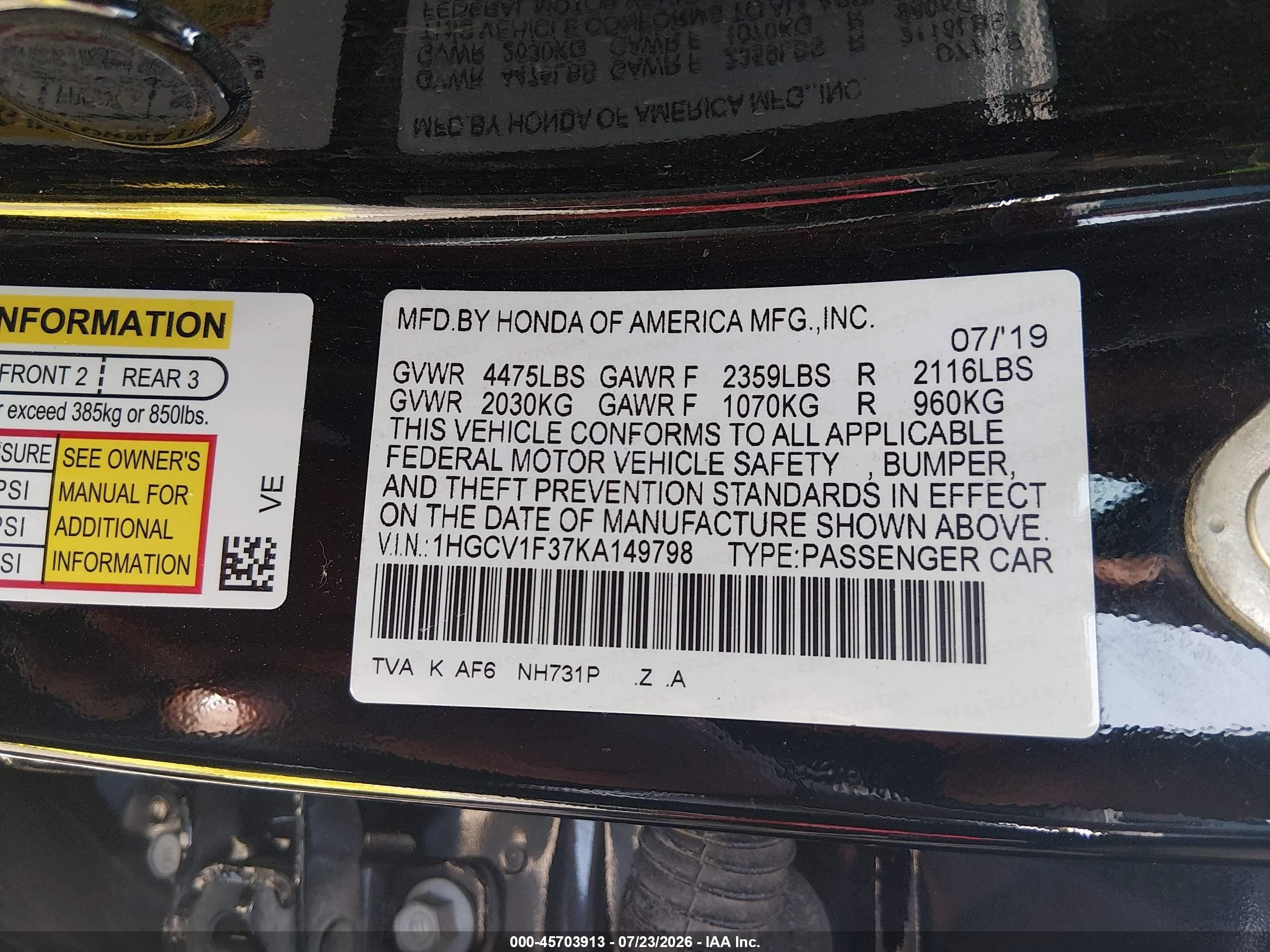 2019 Honda Accord Sport Black vin: 1HGCV1F37KA149798