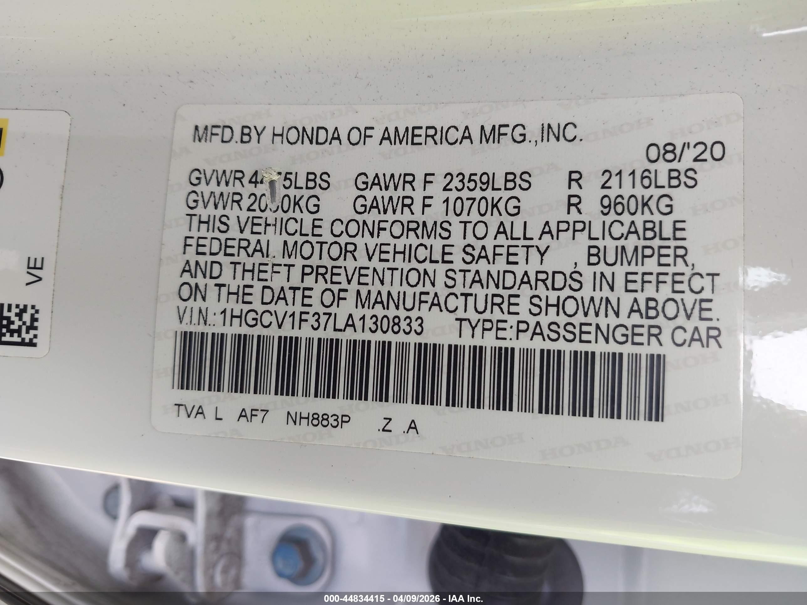 2020 Honda Accord Sport White vin: 1HGCV1F37LA130833