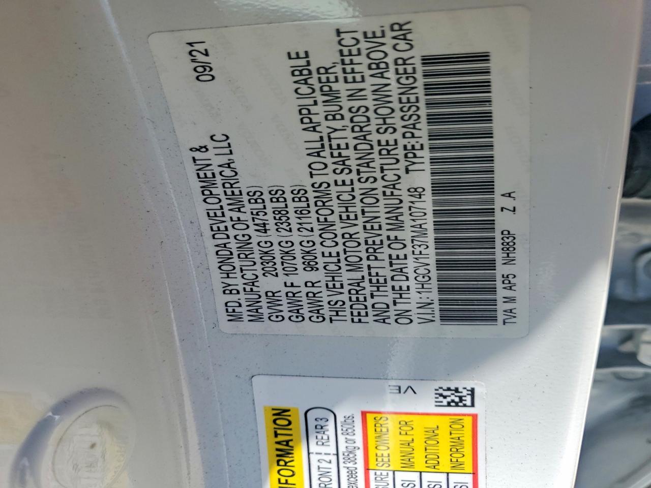 2021 Honda Accord Sport White vin: 1HGCV1F37MA107148