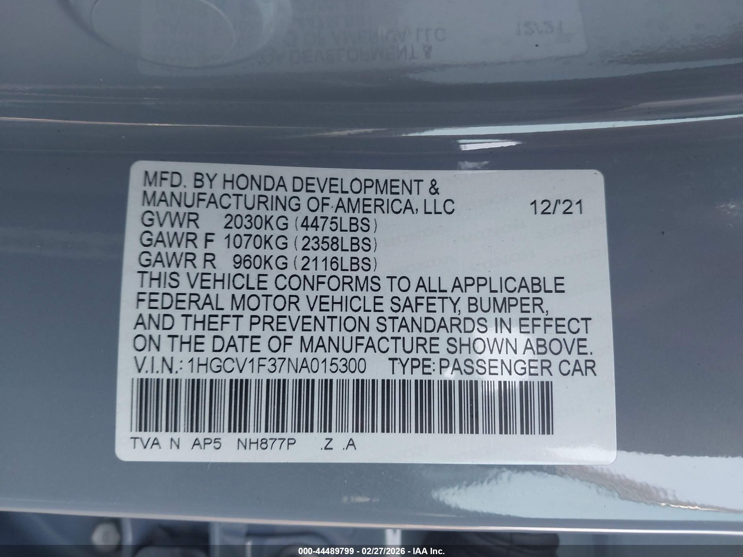 2022 Honda Accord Sport Серый vin: 1HGCV1F37NA015300
