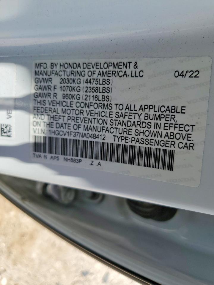 2022 Honda Accord Sport White vin: 1HGCV1F37NA048412
