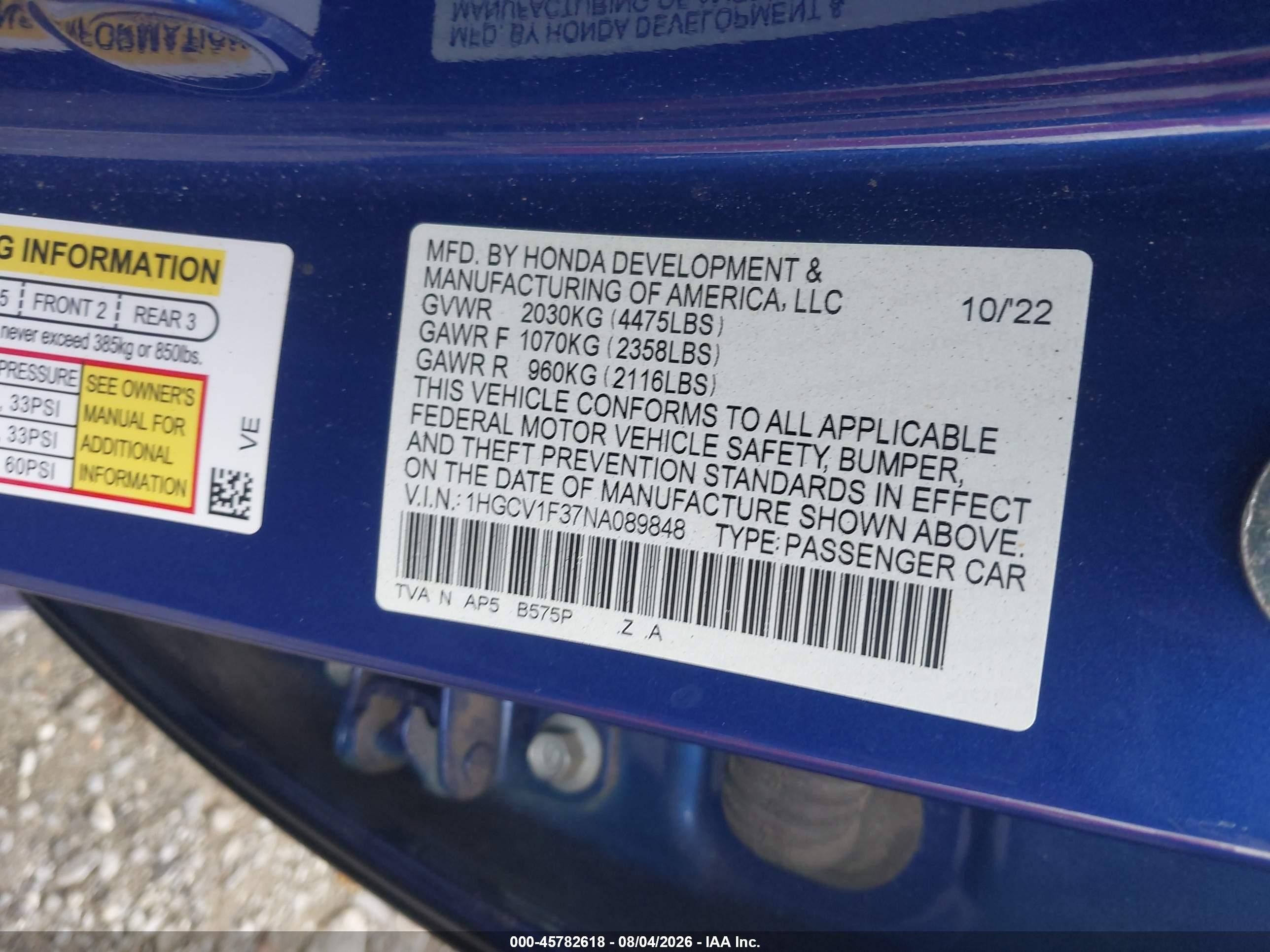 2022 Honda Accord Sport Blue vin: 1HGCV1F37NA089848