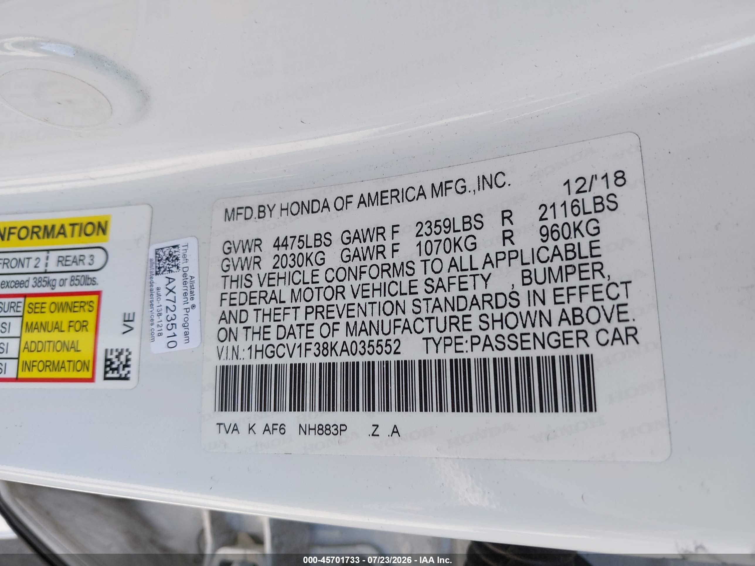 2019 Honda Accord Sport White vin: 1HGCV1F38KA035552