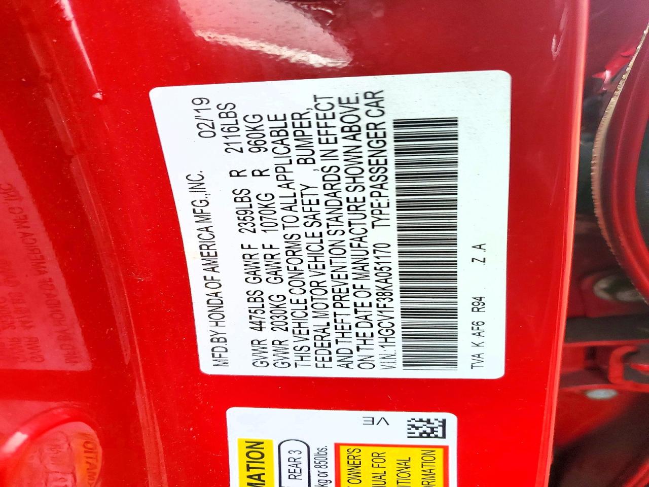 2019 Honda Accord Sport Red vin: 1HGCV1F38KA051170