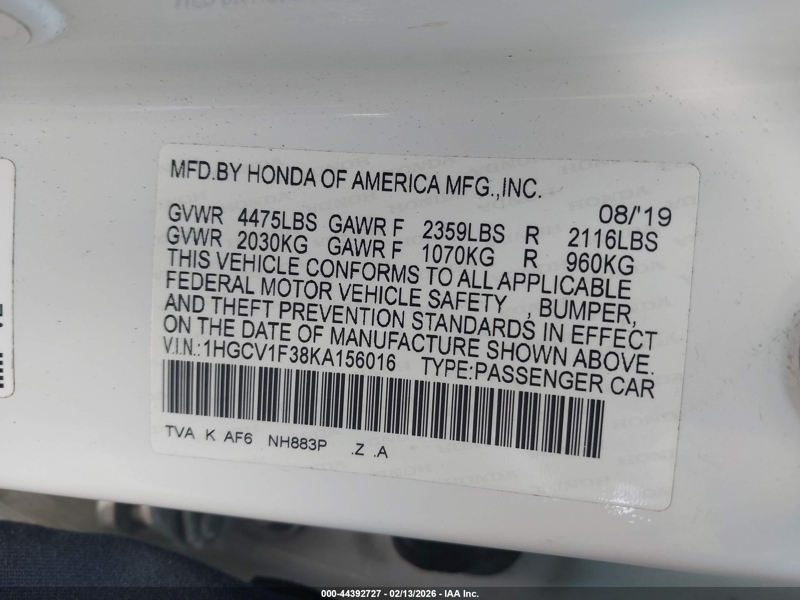 2019 Honda Accord Sport White vin: 1HGCV1F38KA156016