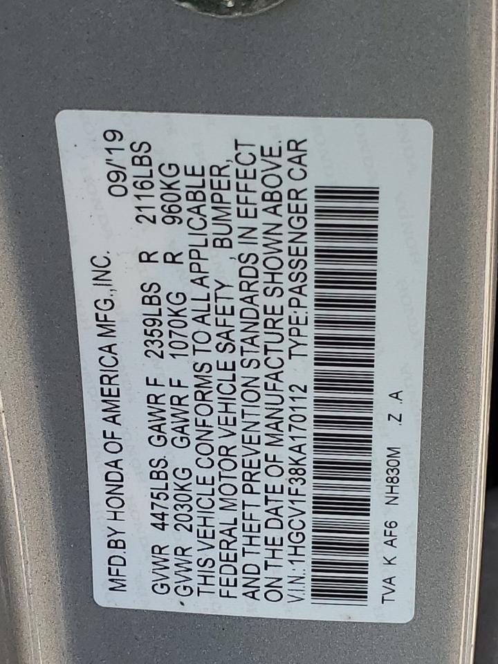 2019 Honda Accord Sport Silver vin: 1HGCV1F38KA170112