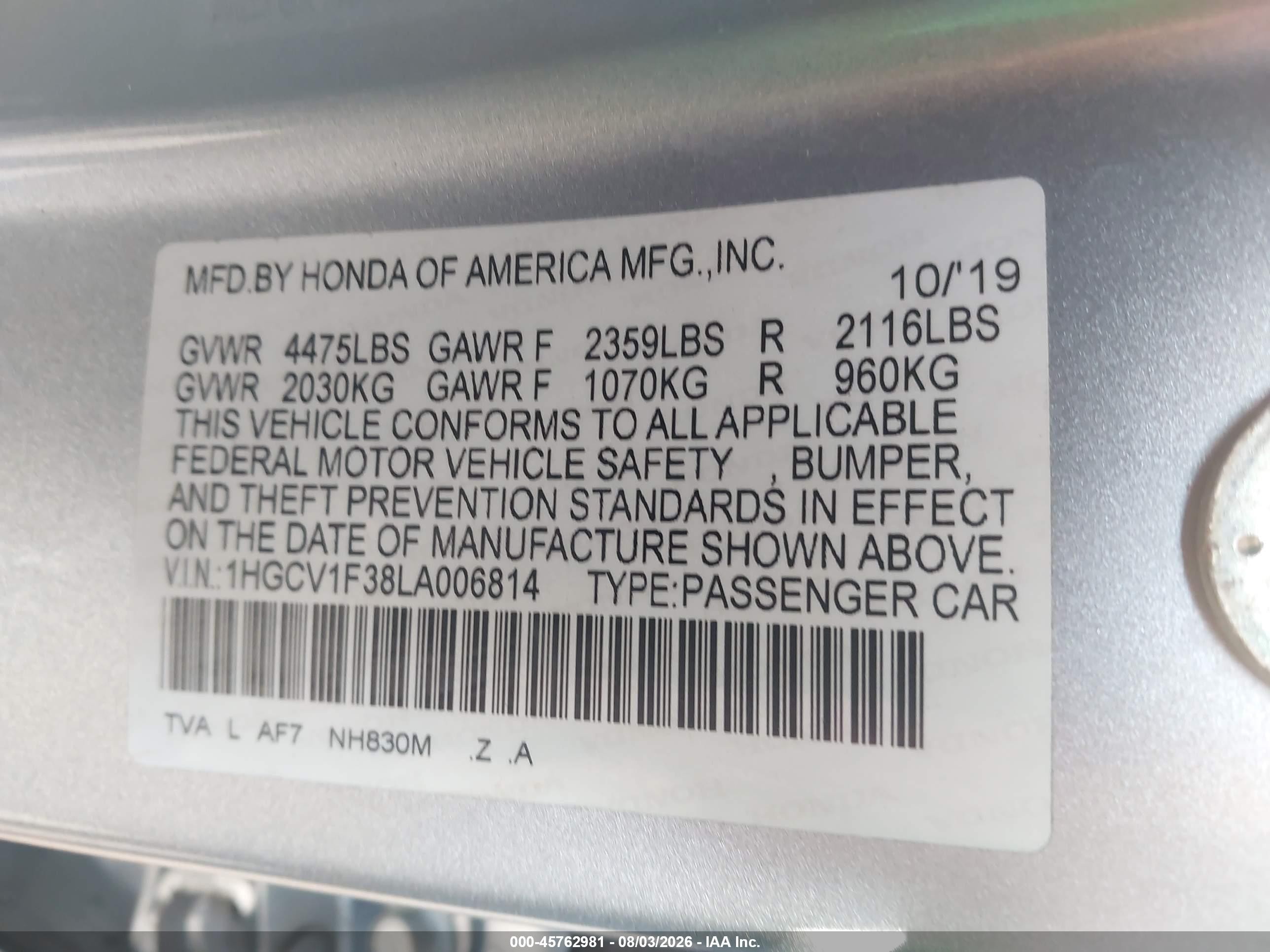 2020 Honda Accord Sport Silver vin: 1HGCV1F38LA006814