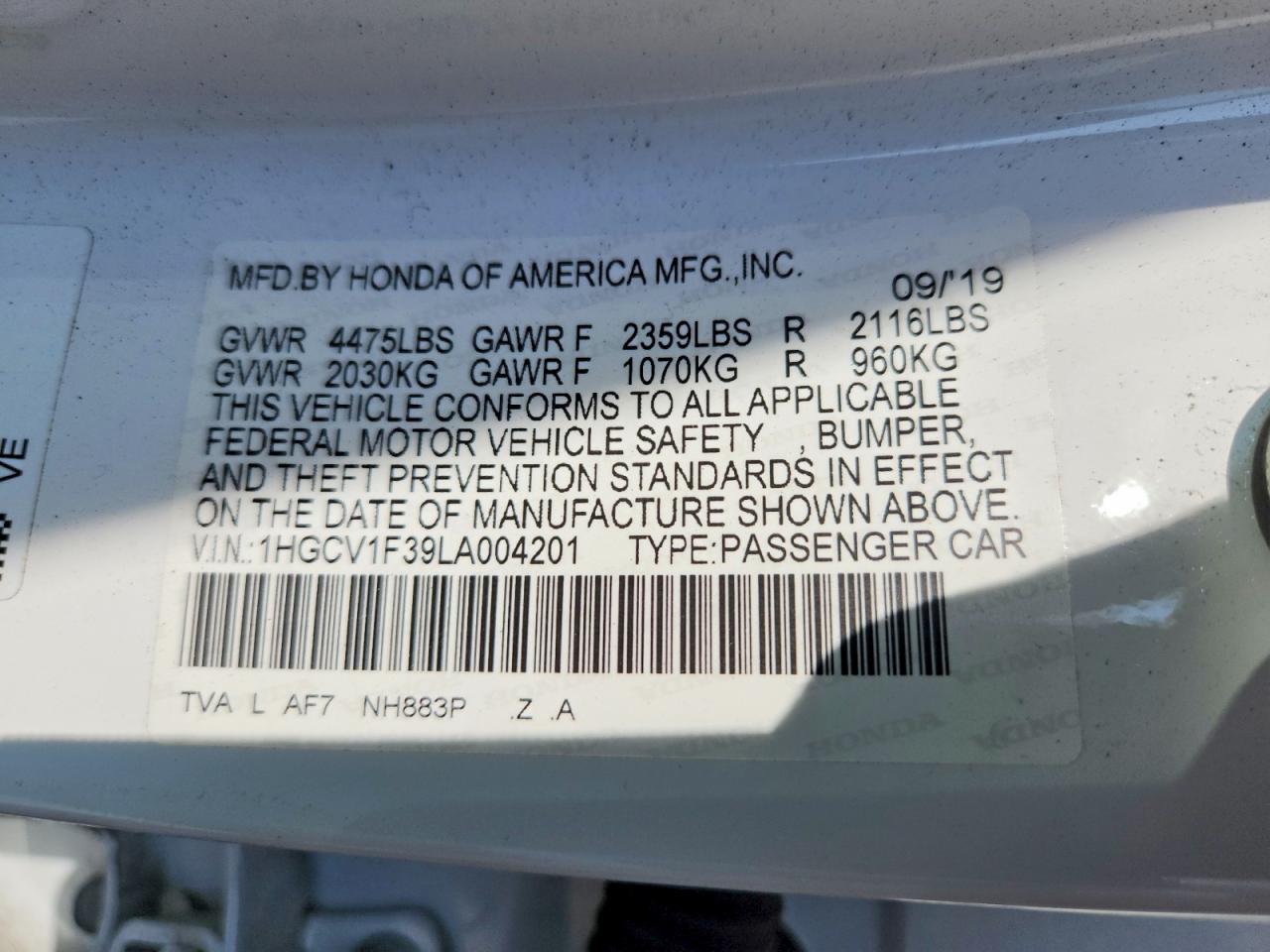 2020 Honda Accord Sport White vin: 1HGCV1F39LA004201