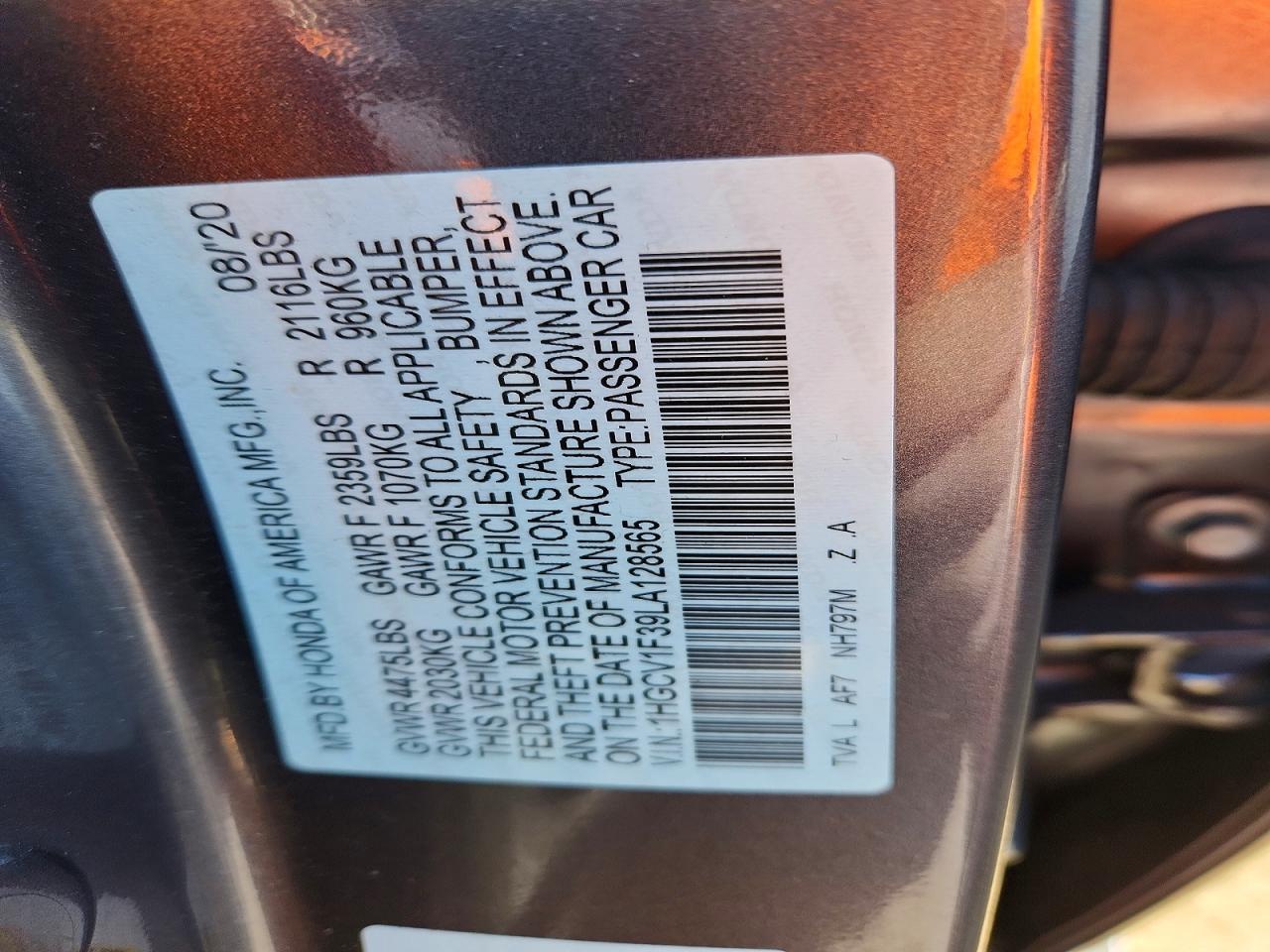 2020 Honda Accord Sport Charcoal vin: 1HGCV1F39LA128565
