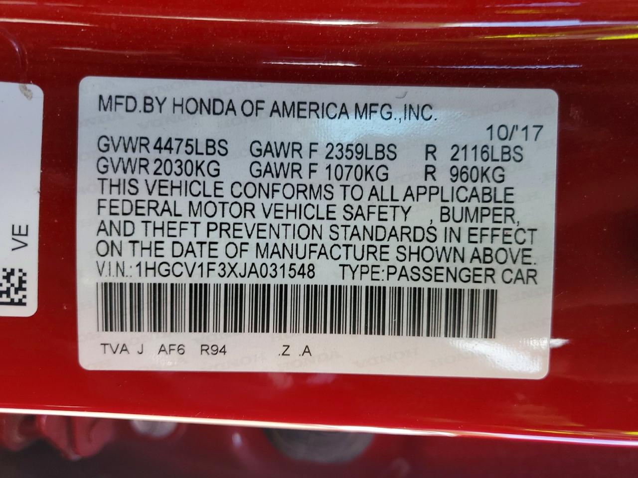2018 Honda Accord Sport Red vin: 1HGCV1F3XJA031548
